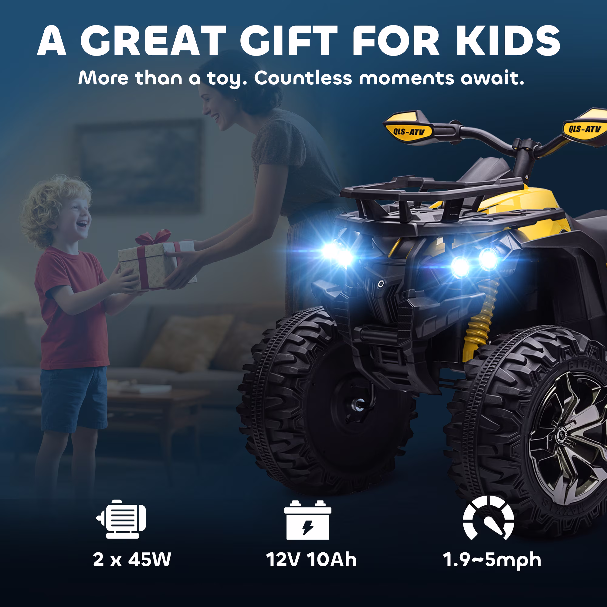 Aosom Kids ATV, 12V 4 Wheeler Ride on Quad Car Toy with Music, Headlights, Battery Powered Electric Vehicle for Boys and Girls, Yellow - Image 5