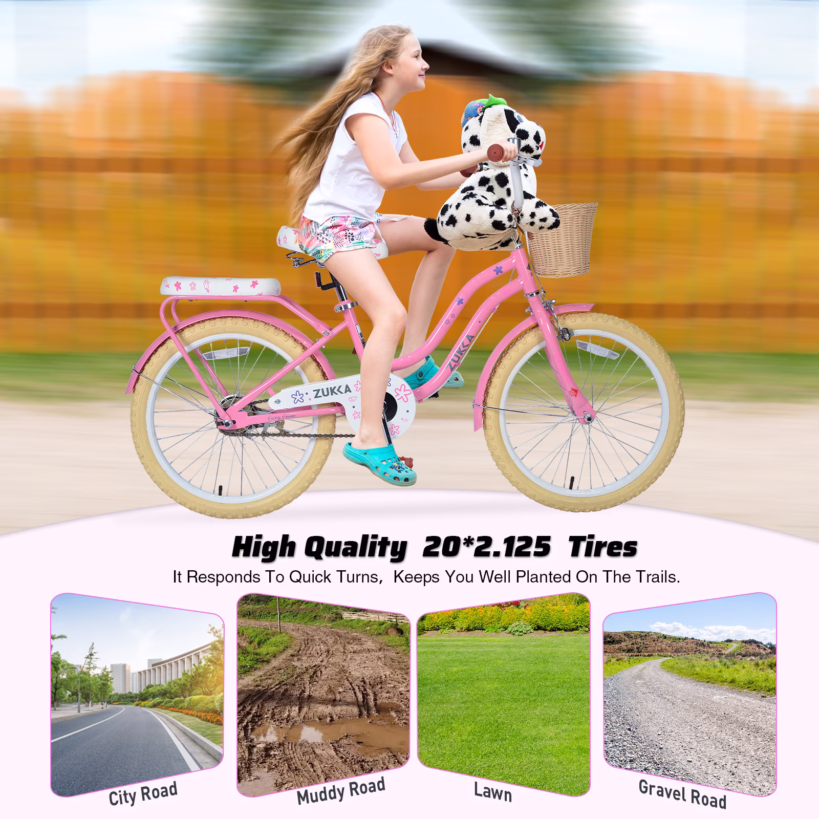 Aukfa 20" Girls Bike with Basket – Kids Bicycle for Ages 7-12, Front & Rear Brakes,Pink - Image 5