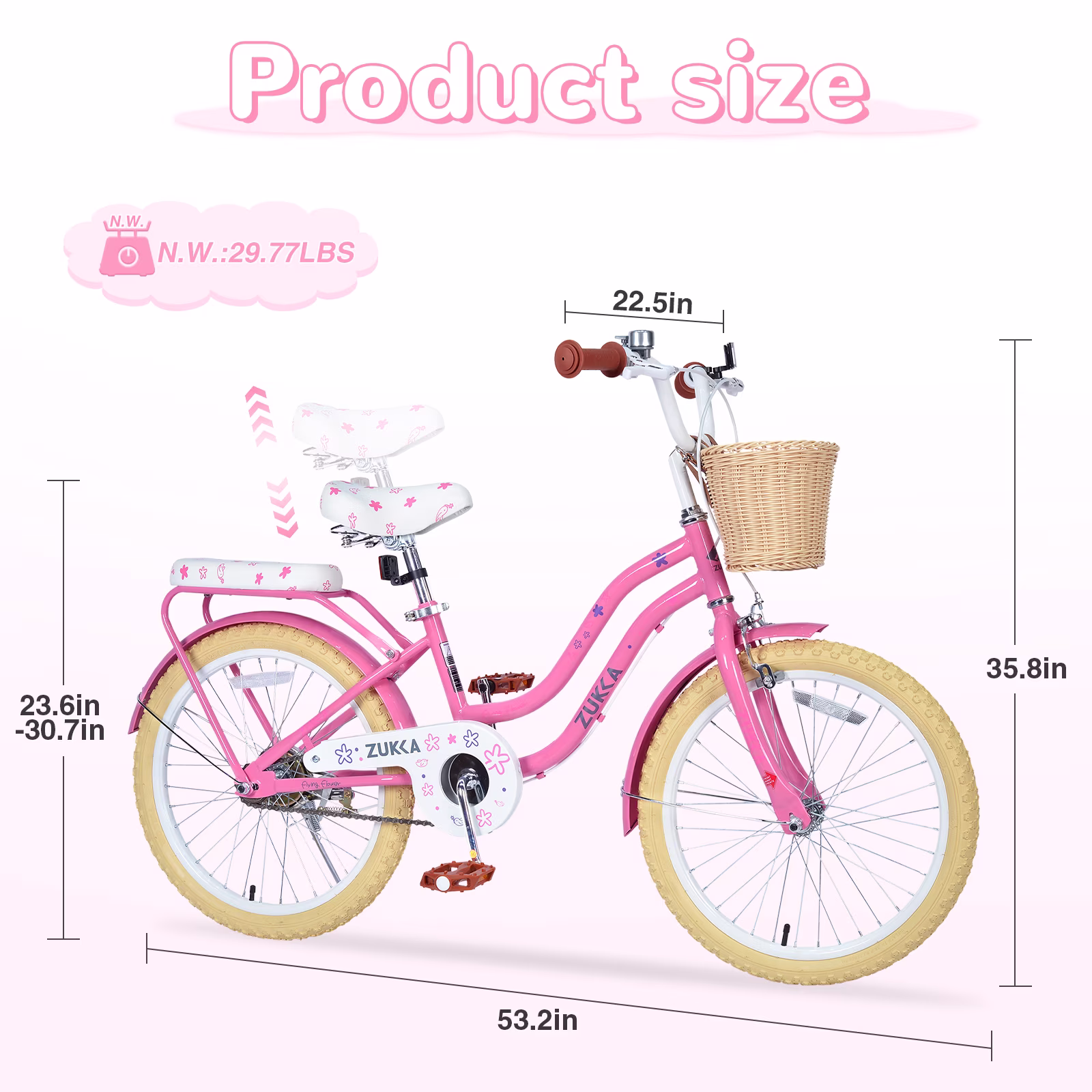 Aukfa 20" Girls Bike with Basket – Kids Bicycle for Ages 7-12, Front & Rear Brakes,Pink - Image 2