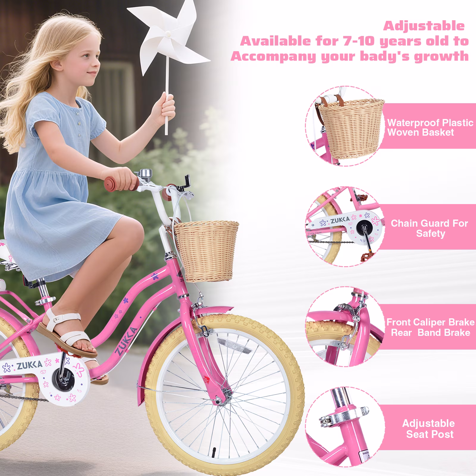 Aukfa 20" Girls Bike with Basket – Kids Bicycle for Ages 7-12, Front & Rear Brakes,Pink - Image 3