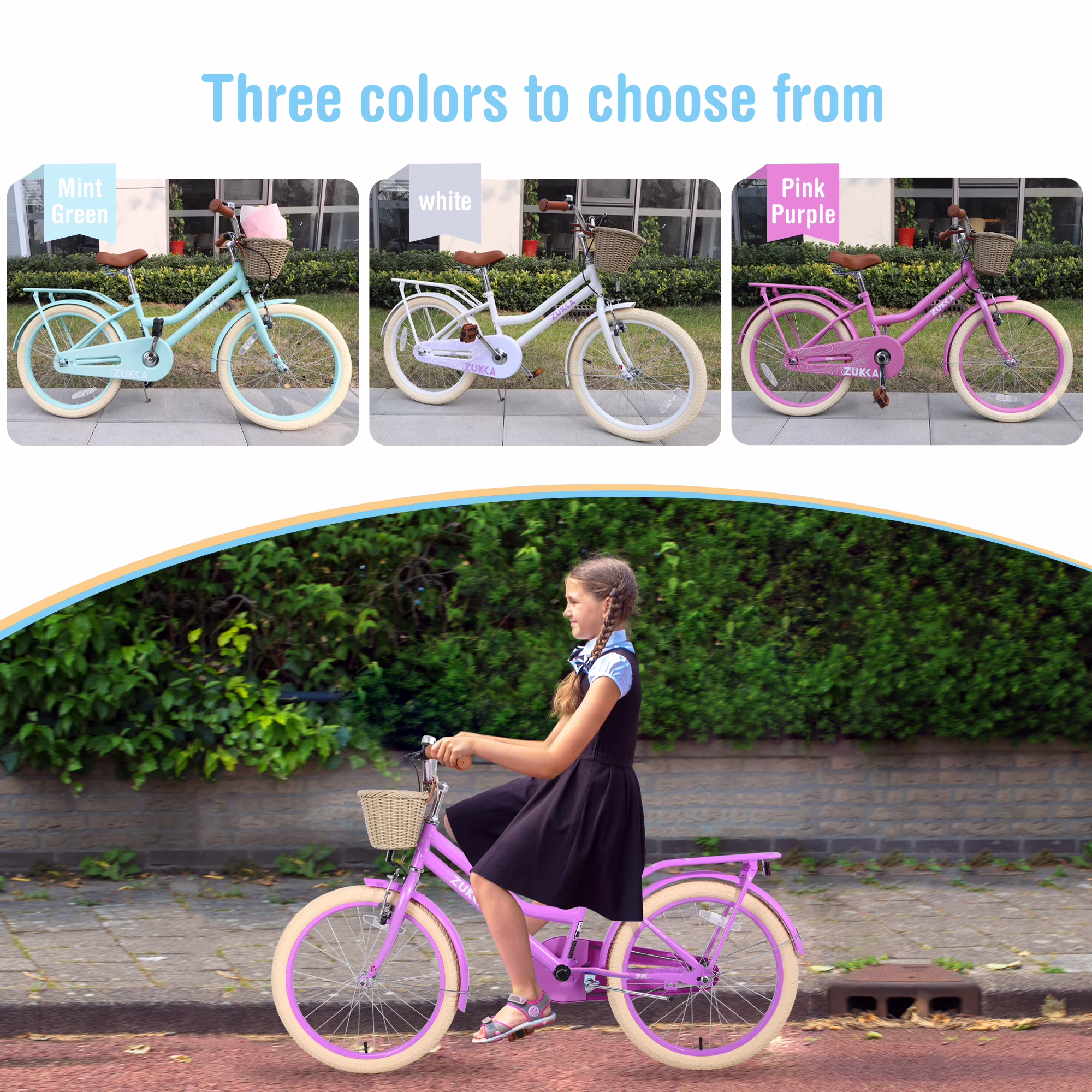 Aezusy 20 Inch Kids Bike with Basket for 7 - 10 Years Old Girls, Purple - Image 3