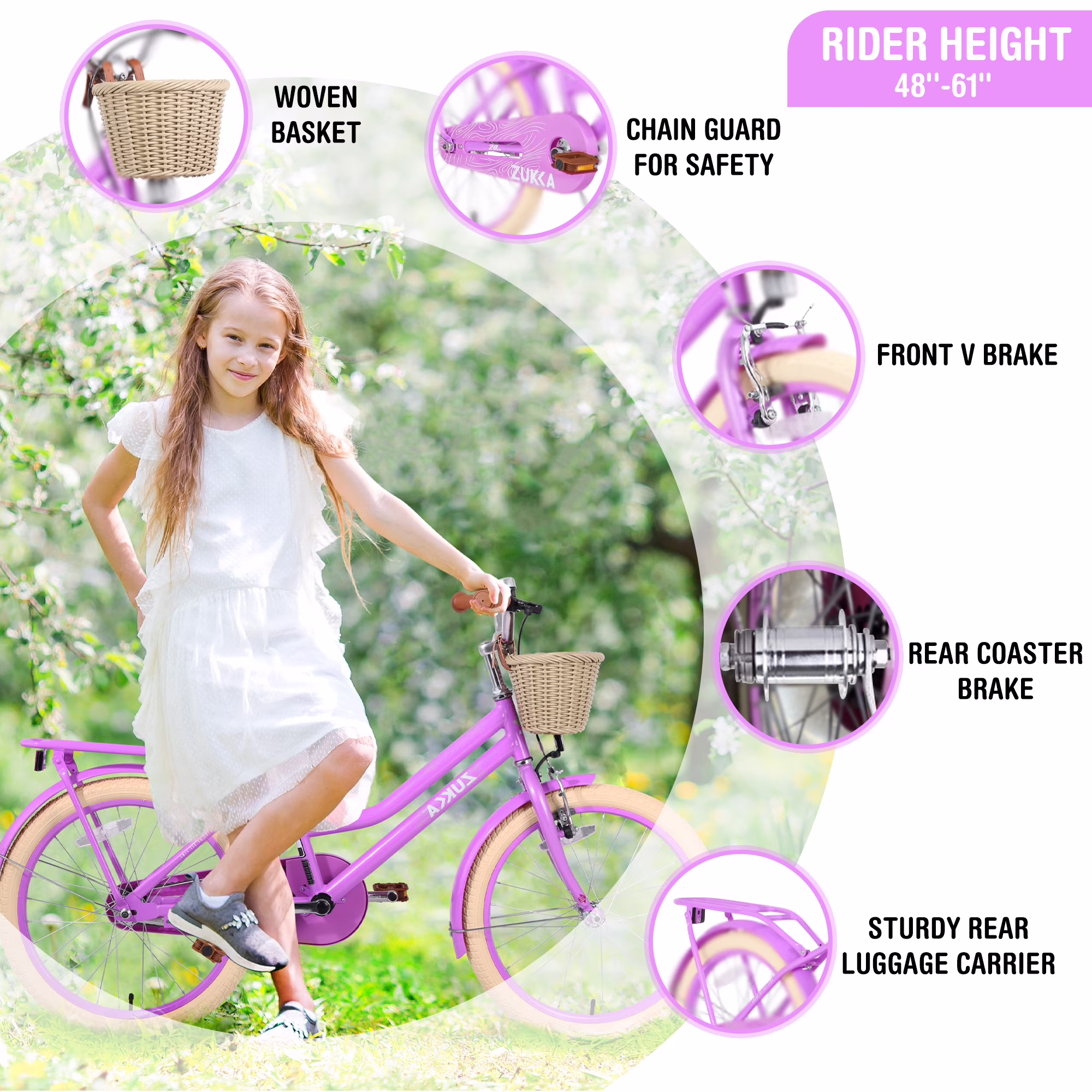 Aezusy 20 Inch Kids Bike with Basket for 7 - 10 Years Old Girls, Purple - Image 4