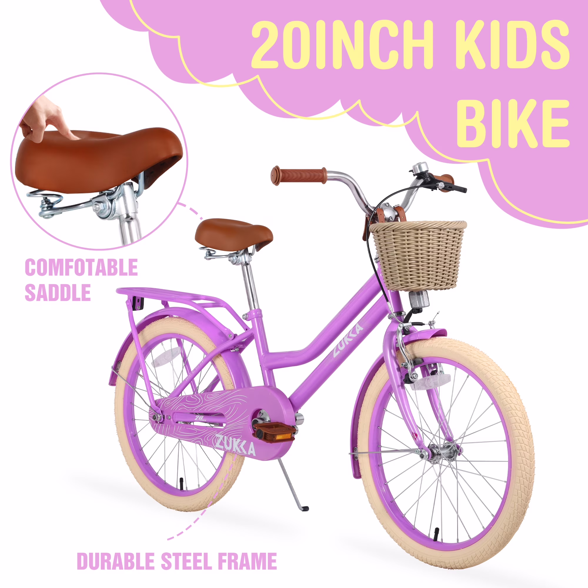 Aezusy 20 Inch Kids Bike with Basket for 7 - 10 Years Old Girls, Purple - Image 5