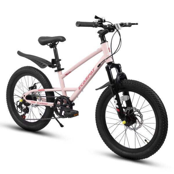 Aukfa 20" Mountain Bike for Boys Girls, 7-Speed Kids Bike with Front Disc Brake,Pink