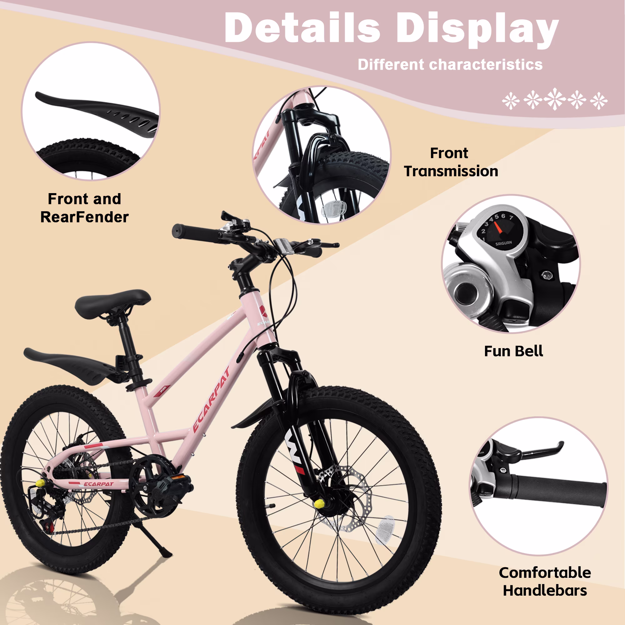 Aukfa 20" Mountain Bike for Boys Girls, 7-Speed Kids Bike with Front Disc Brake,Pink - Image 4