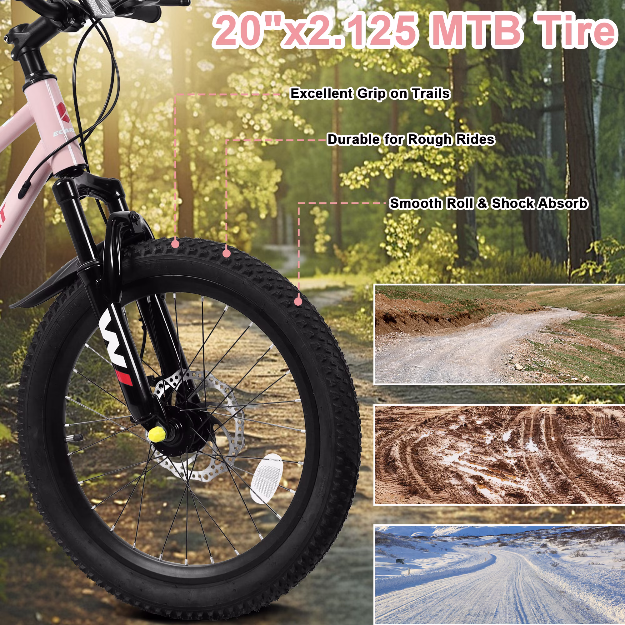 Aukfa 20" Mountain Bike for Boys Girls, 7-Speed Kids Bike with Front Disc Brake,Pink - Image 2