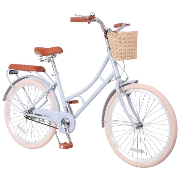 Aukfa 24" Beach Cruiser Bike with Basket & Rear Seat for Girls & Teens, Step-Through Comfort Bicycle Single Speed City Commuter,Blue
