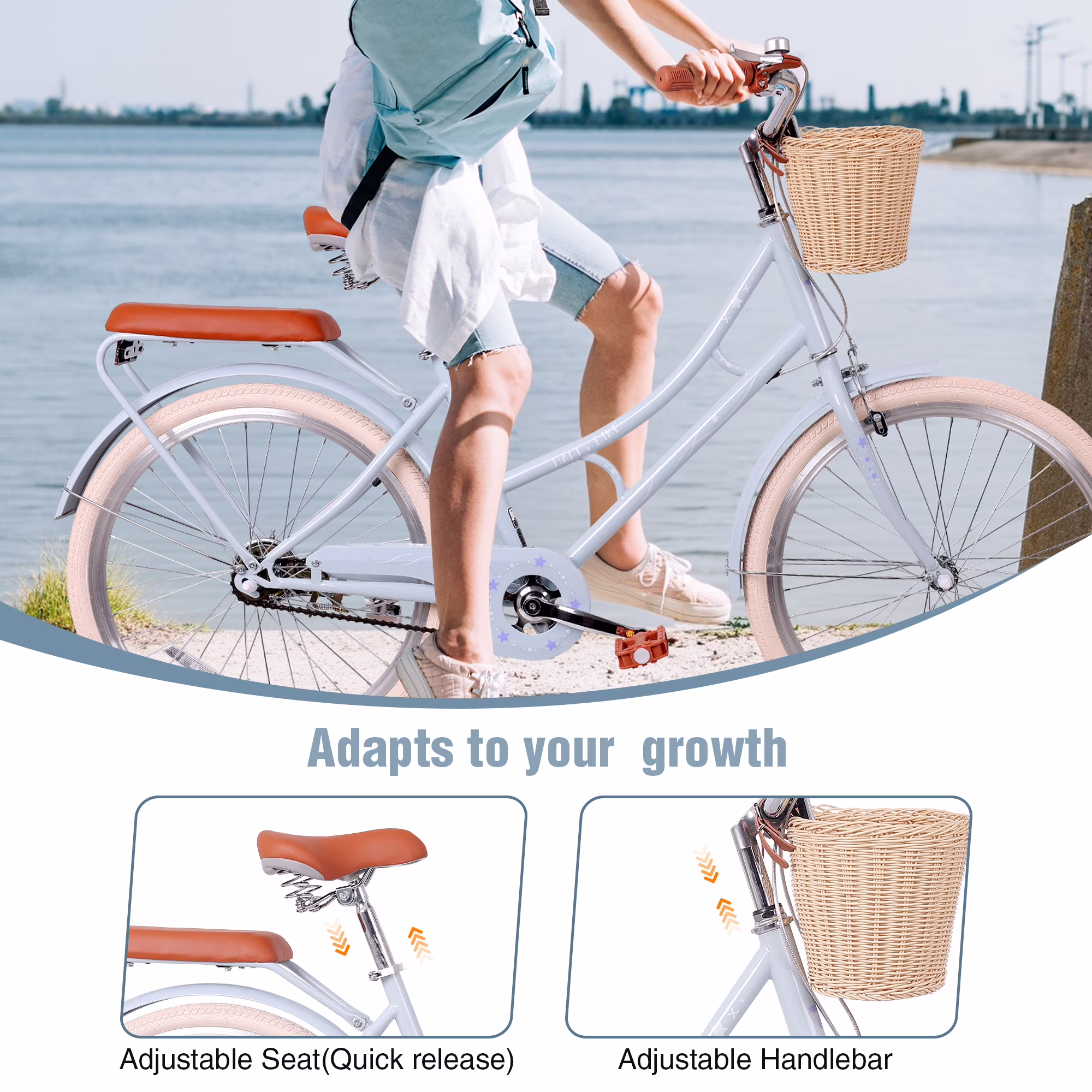 Aukfa 24" Beach Cruiser Bike with Basket & Rear Seat for Girls & Teens, Step-Through Comfort Bicycle Single Speed City Commuter,Blue - Image 5