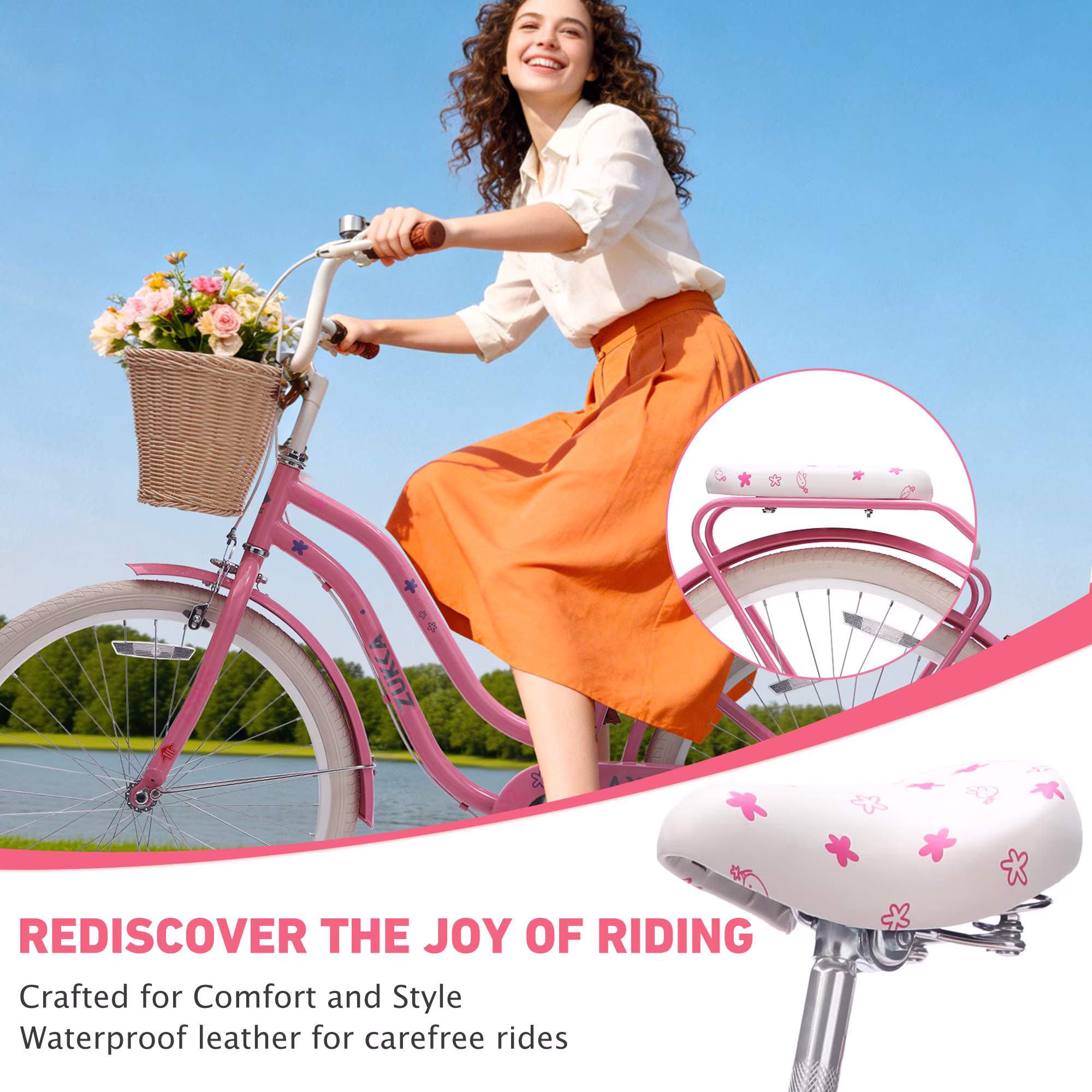 Aukfa 24" Retro Beach Cruiser Bike for Women & Girls, Single Speed City Commuter Bicycle with Basket & Rear Rack,Pink - Image 3