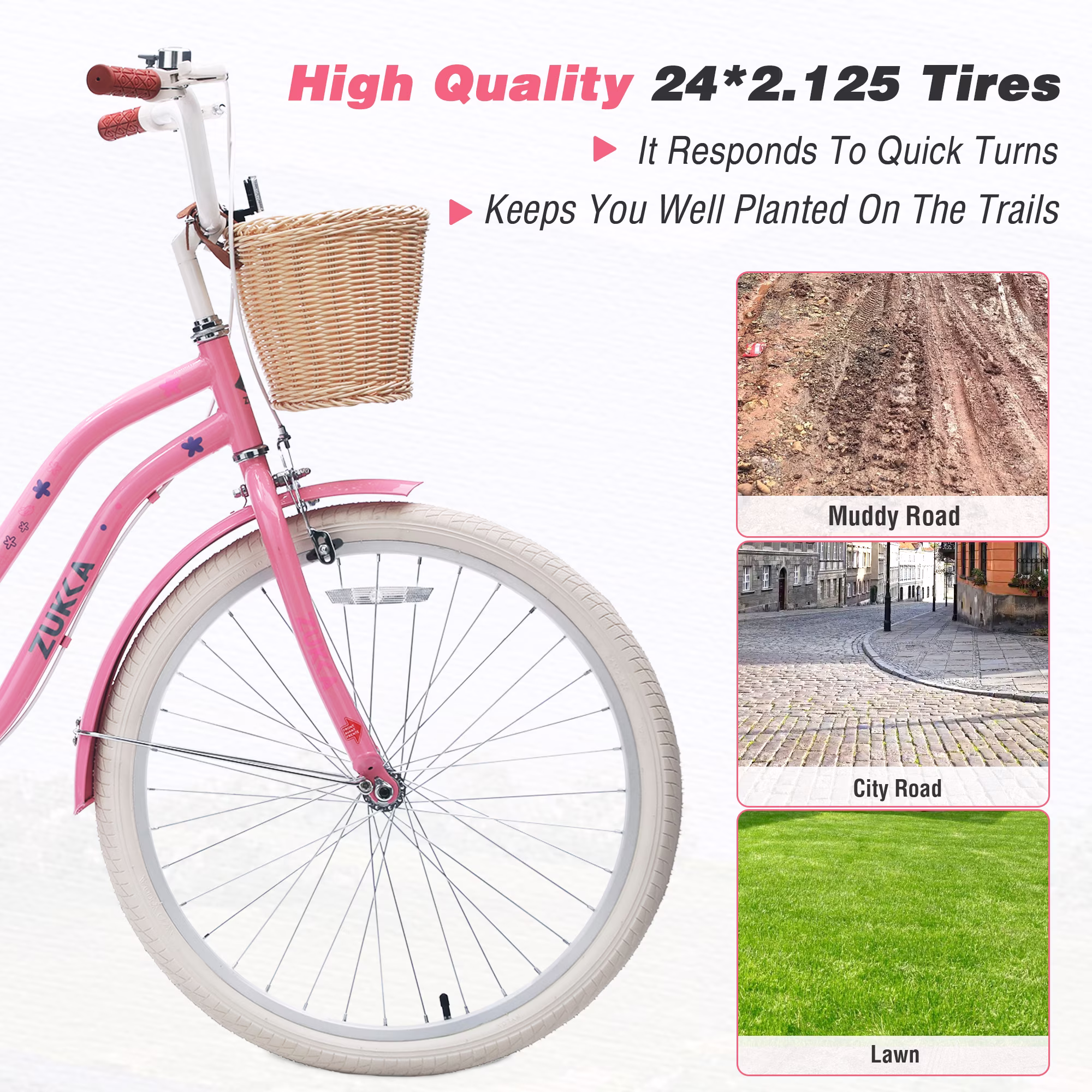 Aukfa 24" Retro Beach Cruiser Bike for Women & Girls, Single Speed City Commuter Bicycle with Basket & Rear Rack,Pink - Image 5