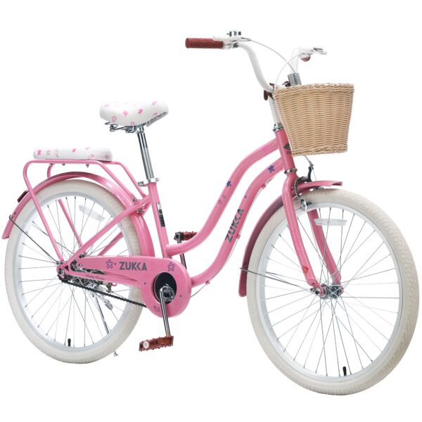 Aukfa 24" Retro Beach Cruiser Bike for Women & Girls, Single Speed City Commuter Bicycle with Basket & Rear Rack,Pink