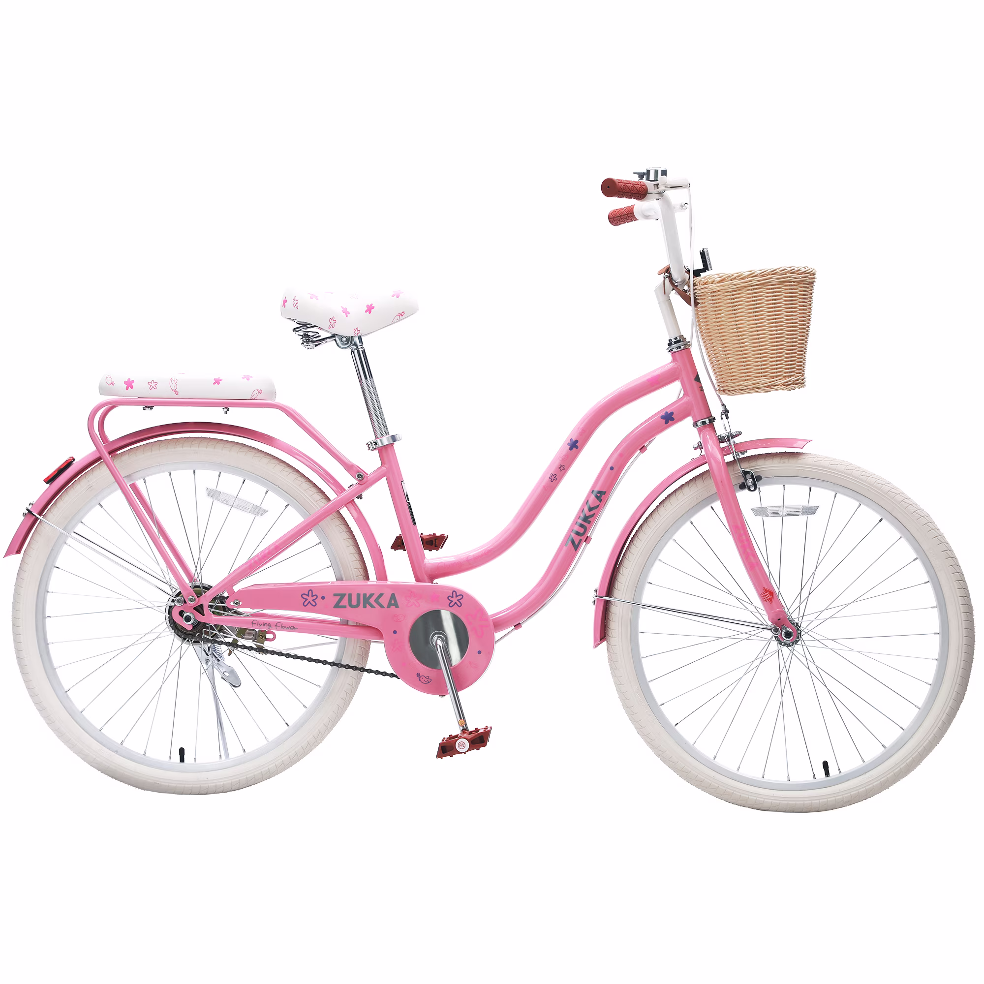 Aukfa 24" Retro Beach Cruiser Bike for Women & Girls, Single Speed City Commuter Bicycle with Basket & Rear Rack,Pink - Image 2