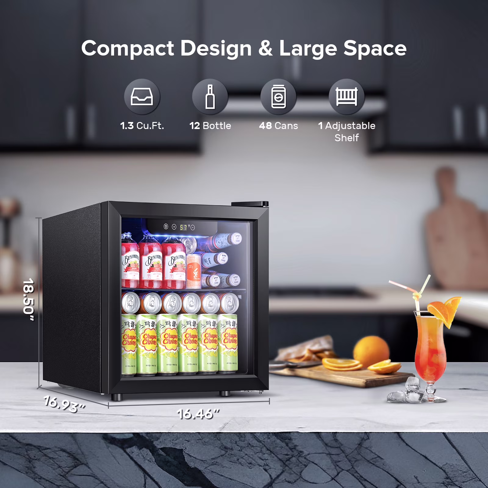 Auseo 1.3 Cu.ft. Mini Beverage Refrigerator Cooler - 55 Can &12 Bottle Mini Fridge with Double Glass Door, for Home/Bar/Office, Electronic Touch Control - Image 5
