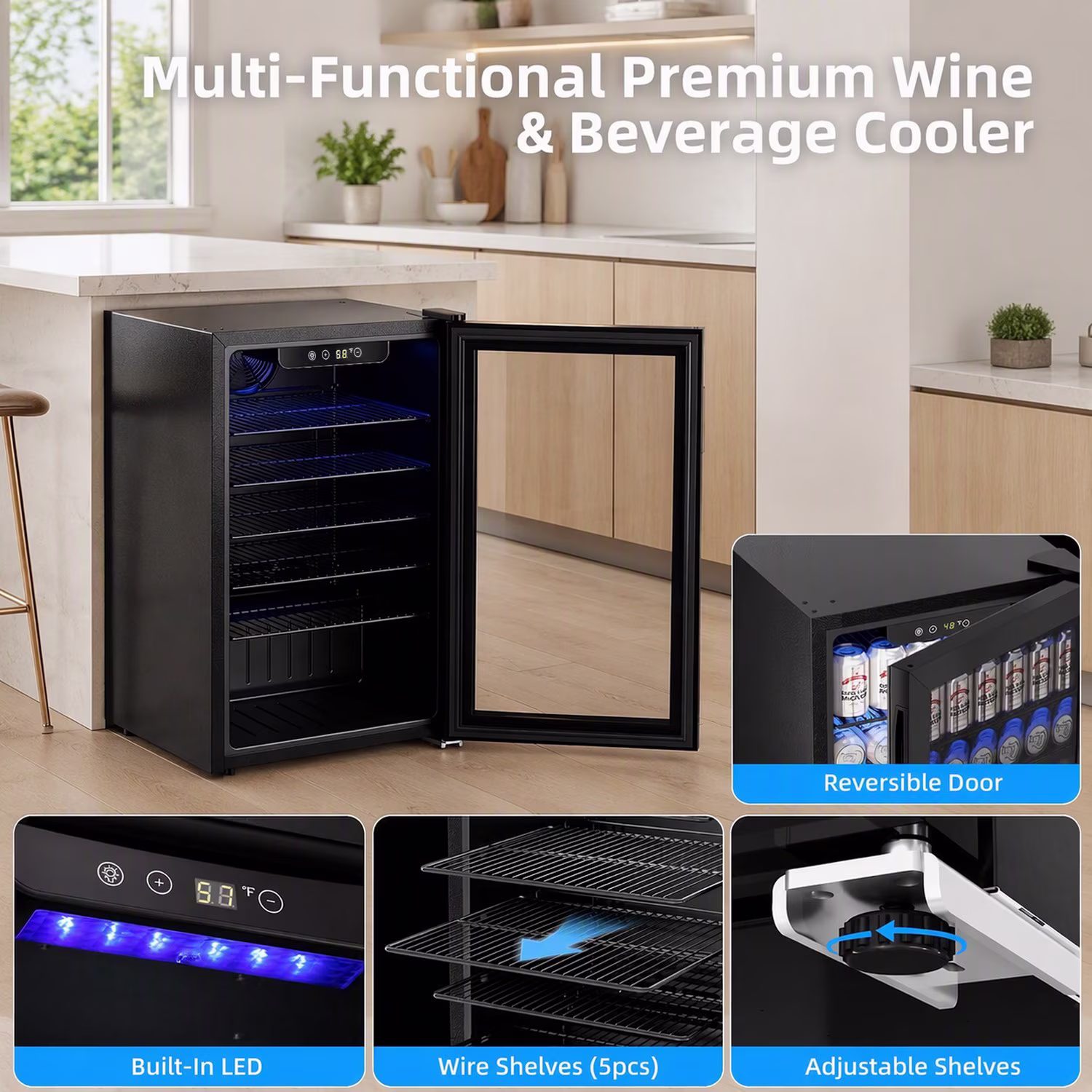 Auseo 126 Can Beverage Refrigerator with Glass Door,Mini Beverage Fridge for Home/Office/Bar,17.91"D,31.1"H,Black - Image 2