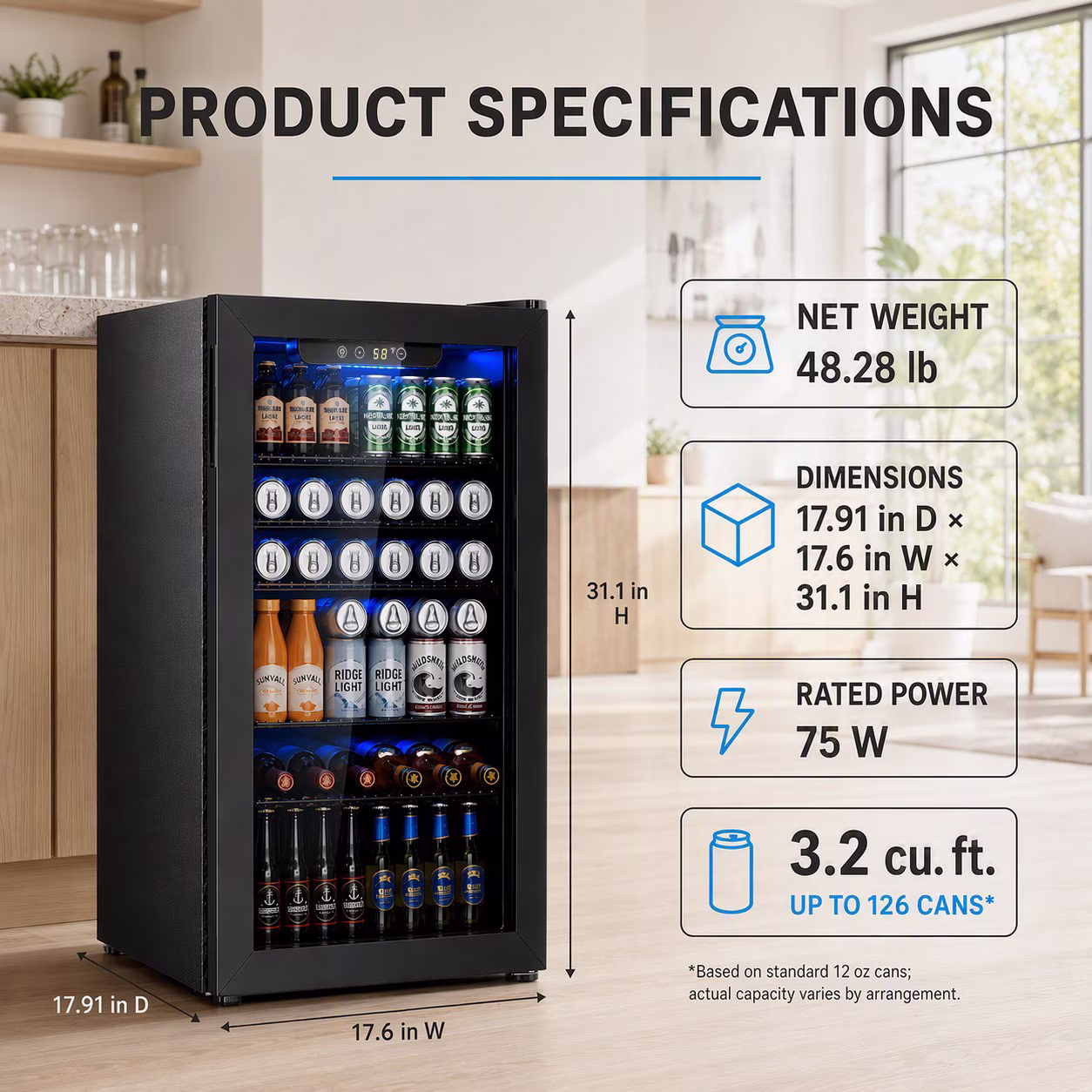 Auseo 126 Can Beverage Refrigerator with Glass Door,Mini Beverage Fridge for Home/Office/Bar,17.91"D,31.1"H,Black - Image 4