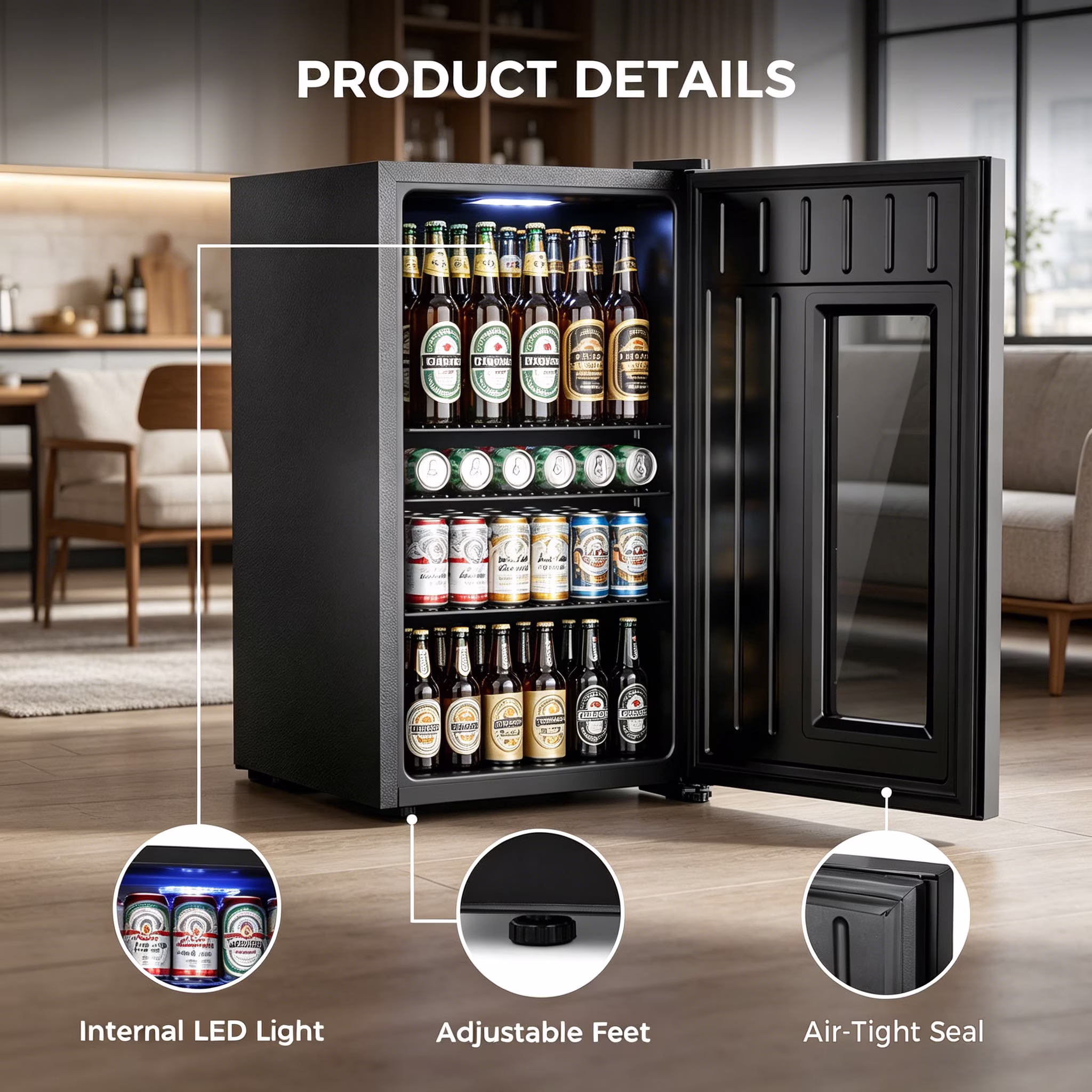 Auseo 130 Can Beverage Refrigerator,Compact Mini Fridge with Glass Door, 21-50°F Temp Control,Beer Cooler for Bedroom/Dorm/Office, Black - Image 5
