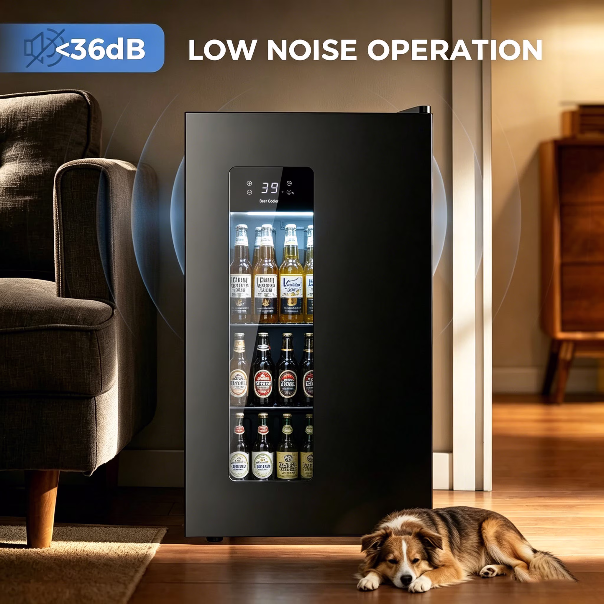 Auseo 130 Can Beverage Refrigerator,Compact Mini Fridge with Glass Door, 21-50°F Temp Control,Beer Cooler for Bedroom/Dorm/Office, Black - Image 4