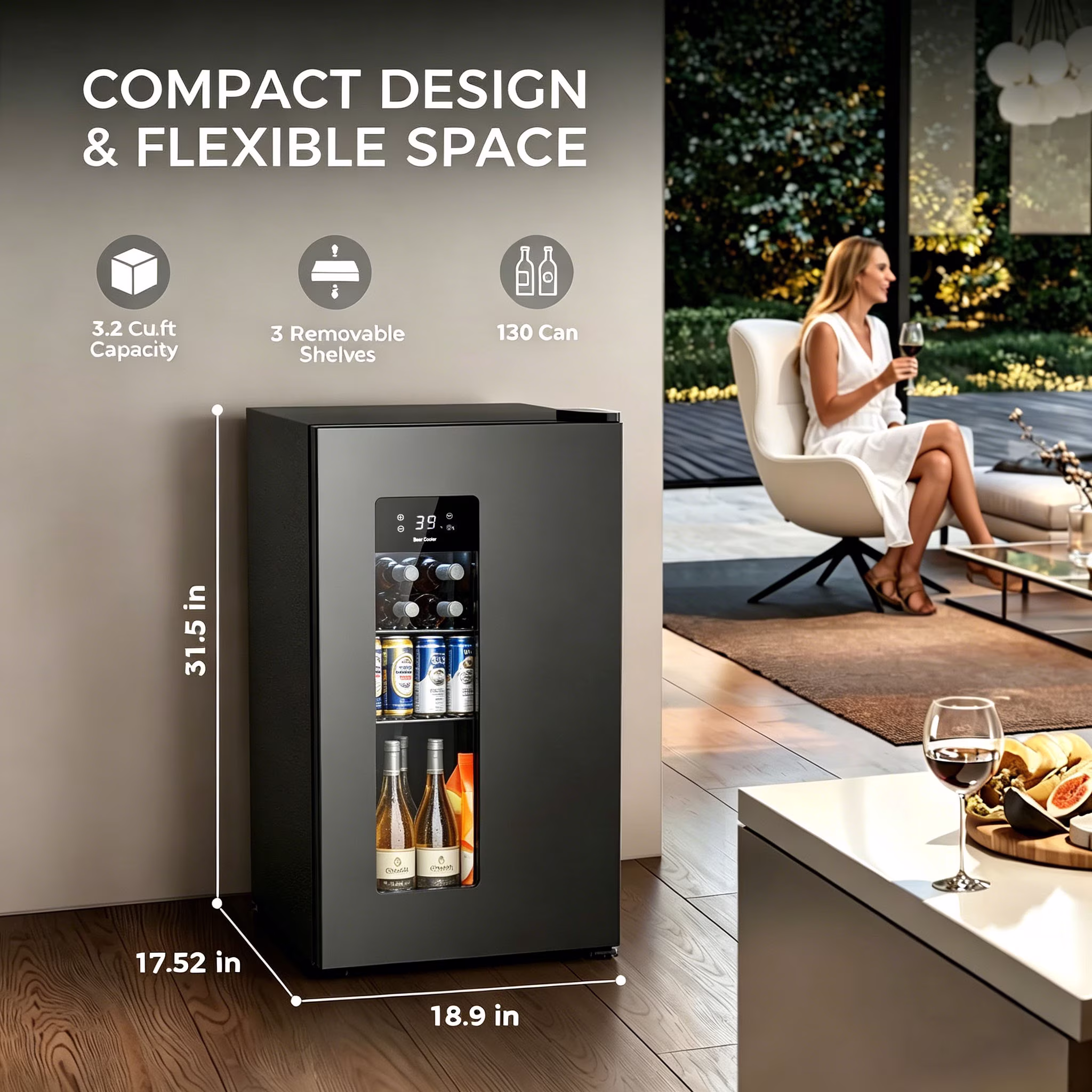 Auseo 130 Can Beverage Refrigerator,Compact Mini Fridge with Glass Door, 21-50°F Temp Control,Beer Cooler for Bedroom/Dorm/Office, Black - Image 3
