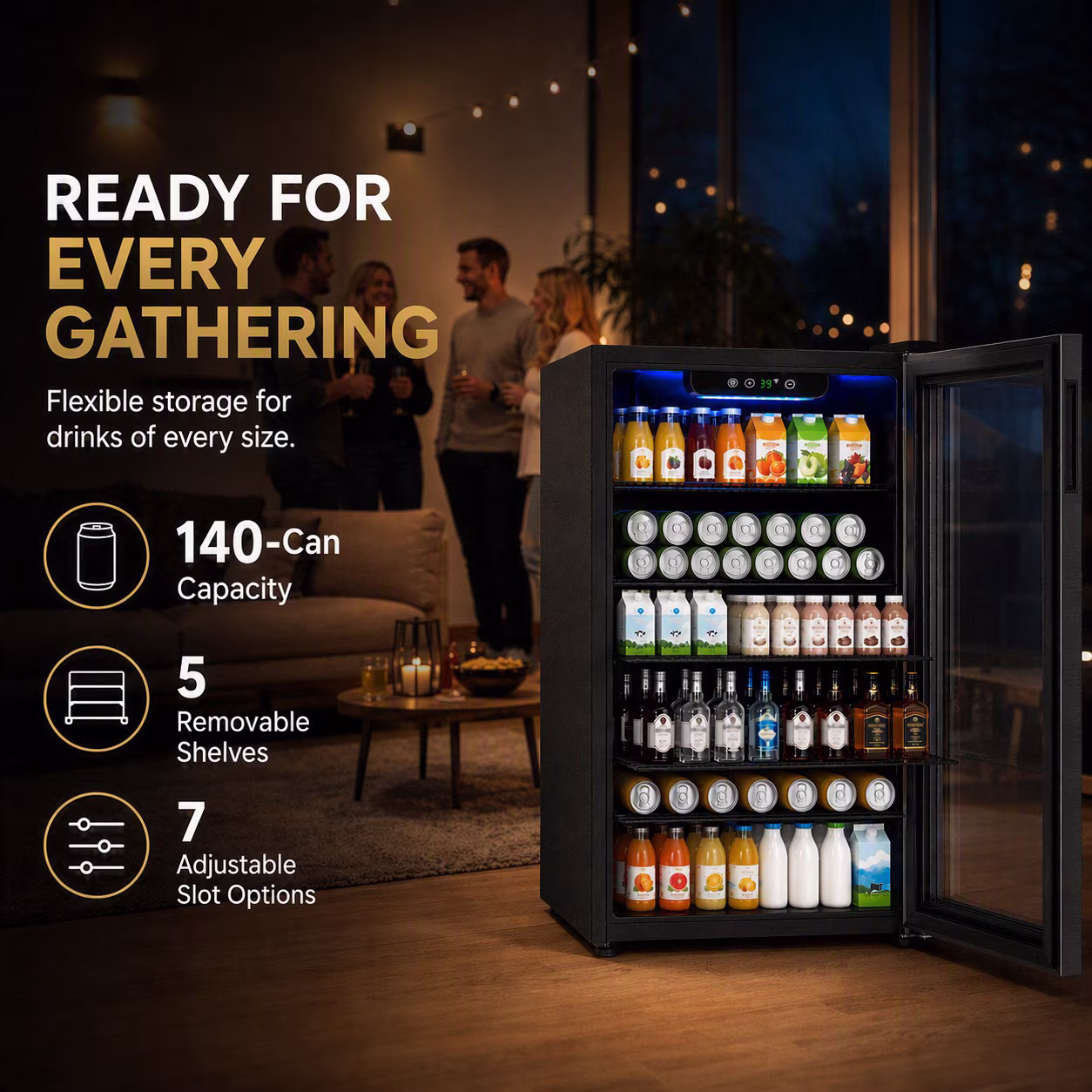 Auseo 140 Cans Beverage Refrigerator Cooler, Mini Fridge, Black Glass Door, Adjustable Shelf, Bar/Office/Home, Black - Image 5