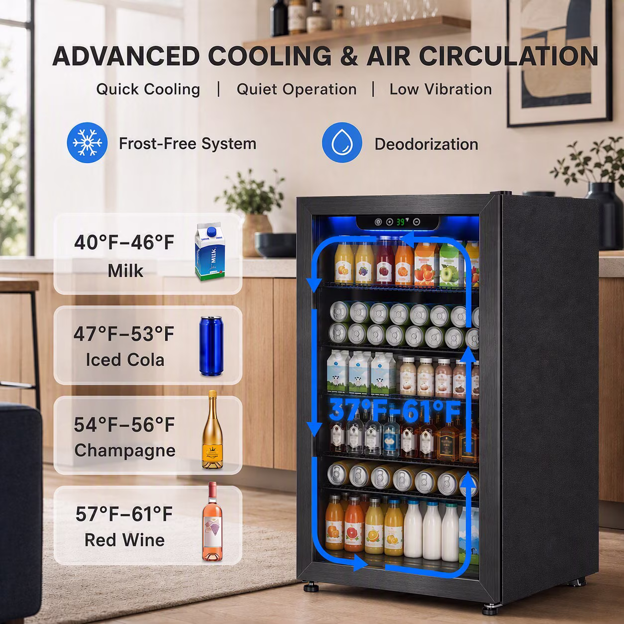 Auseo 140 Cans Beverage Refrigerator Cooler, Mini Fridge, Black Glass Door, Adjustable Shelf, Bar/Office/Home, Black - Image 3