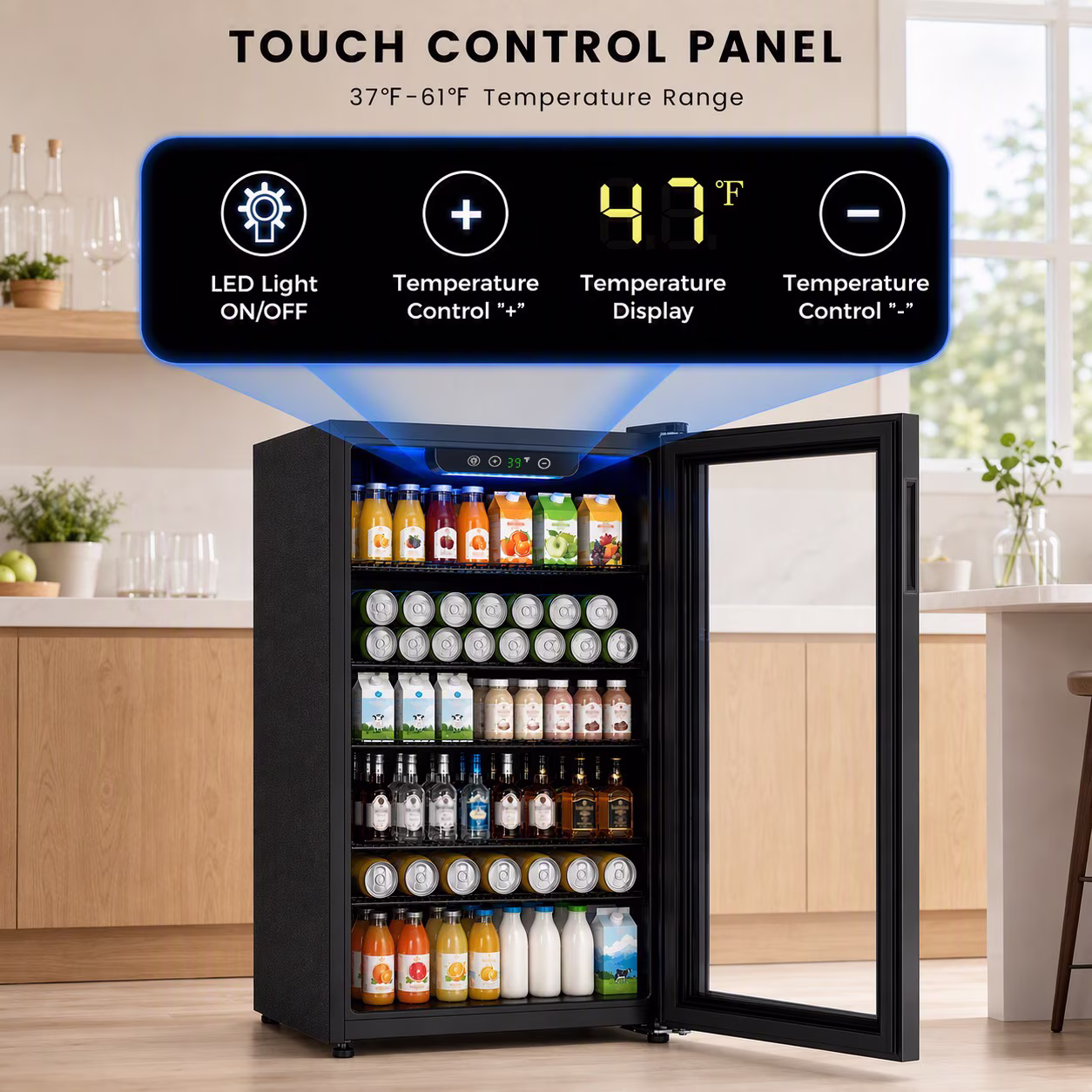 Auseo 140 Cans Beverage Refrigerator Cooler, Mini Fridge, Black Glass Door, Adjustable Shelf, Bar/Office/Home, Black - Image 4