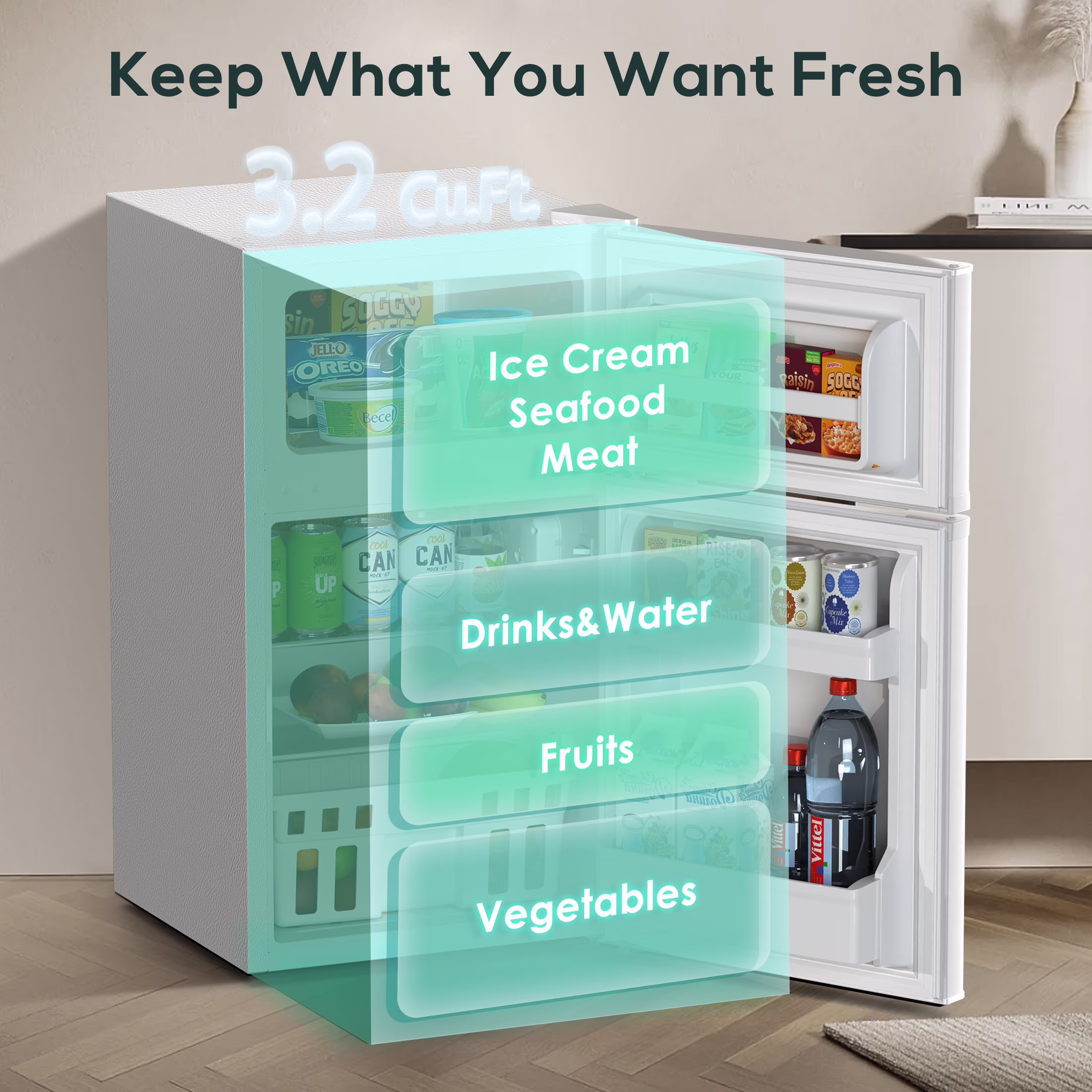 Auseo 2 Door 3.2 Cu.Ft Mini Fridge Adjustable Temperature Refrigerators with Removable Shelves, Suitable for Home/Kitchen/Office/Dorm, White - Image 4