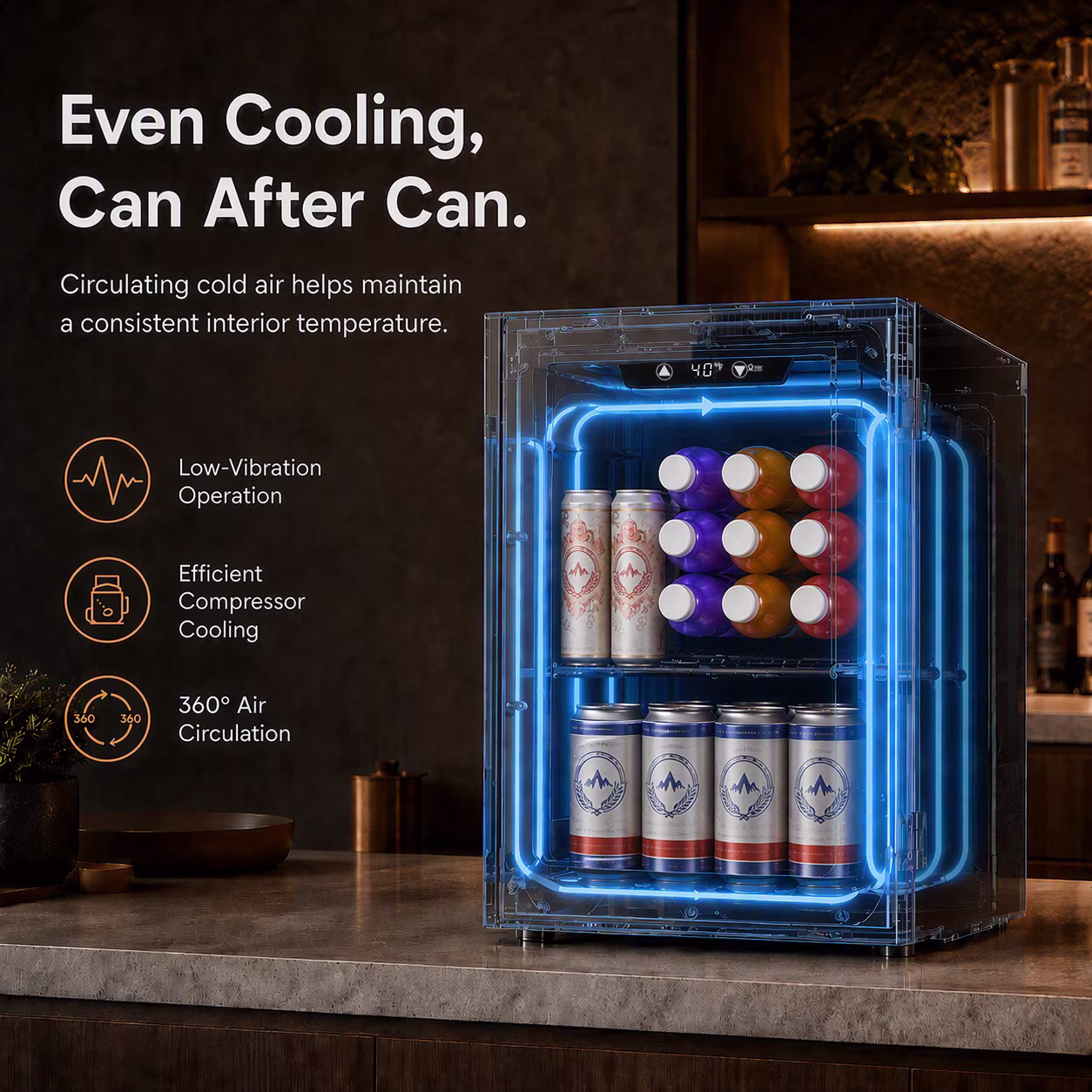 Auseo 24 Can Glass Door Mini Fridge – Beverage Refrigerator with Touch Control, Wine Cooler for Bottles & Beer, Small Fridge for Bedroom/Office/Bar - Image 4