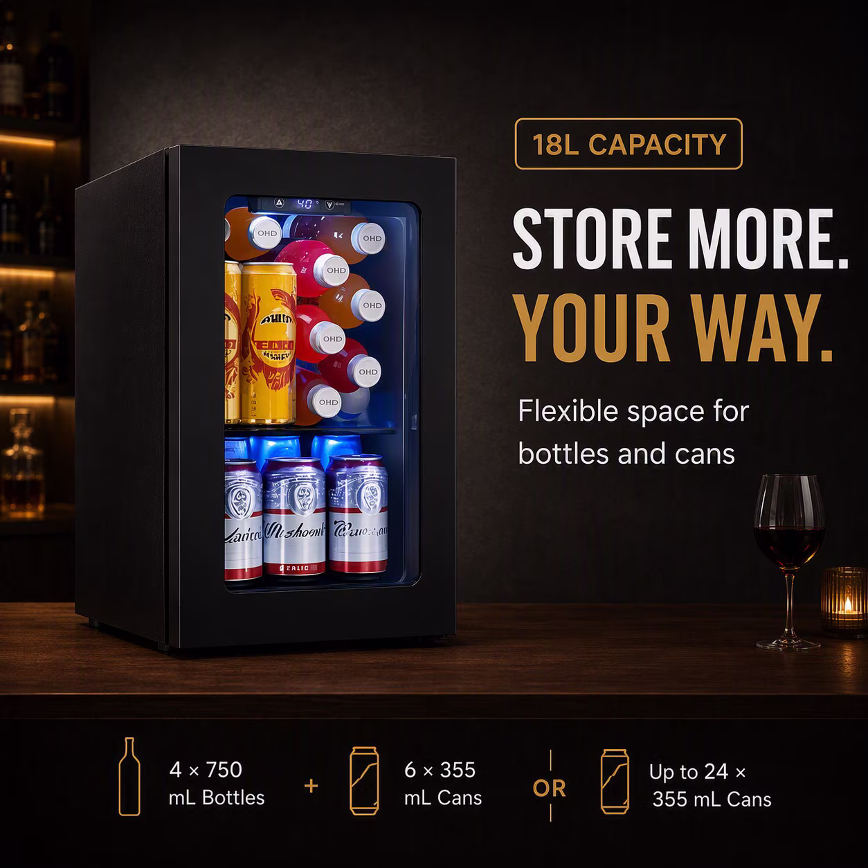 Auseo 24 Can Glass Door Mini Fridge – Beverage Refrigerator with Touch Control, Wine Cooler for Bottles & Beer, Small Fridge for Bedroom/Office/Bar - Image 3