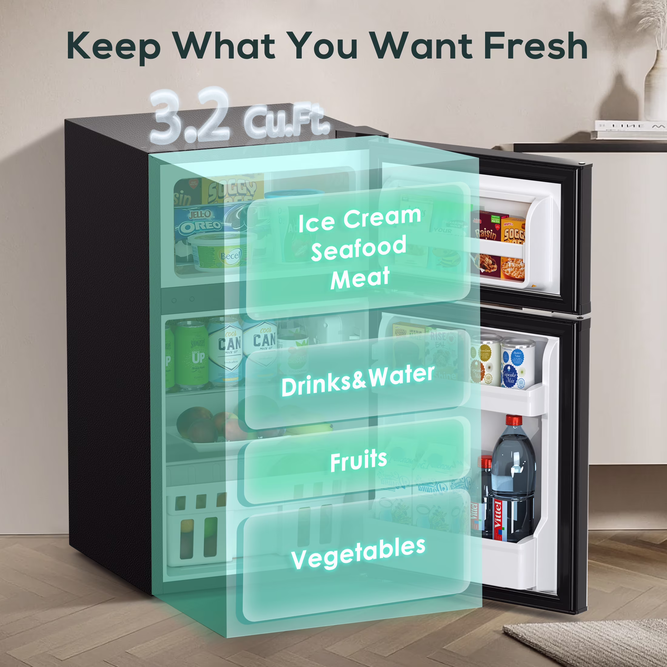 Auseo 3.1 Cu.Ft Double Door Mini Fridge with Freezer, Compact Retro Refrigerator for Dorm, Office, Bar, Bedroom, Black - Image 3