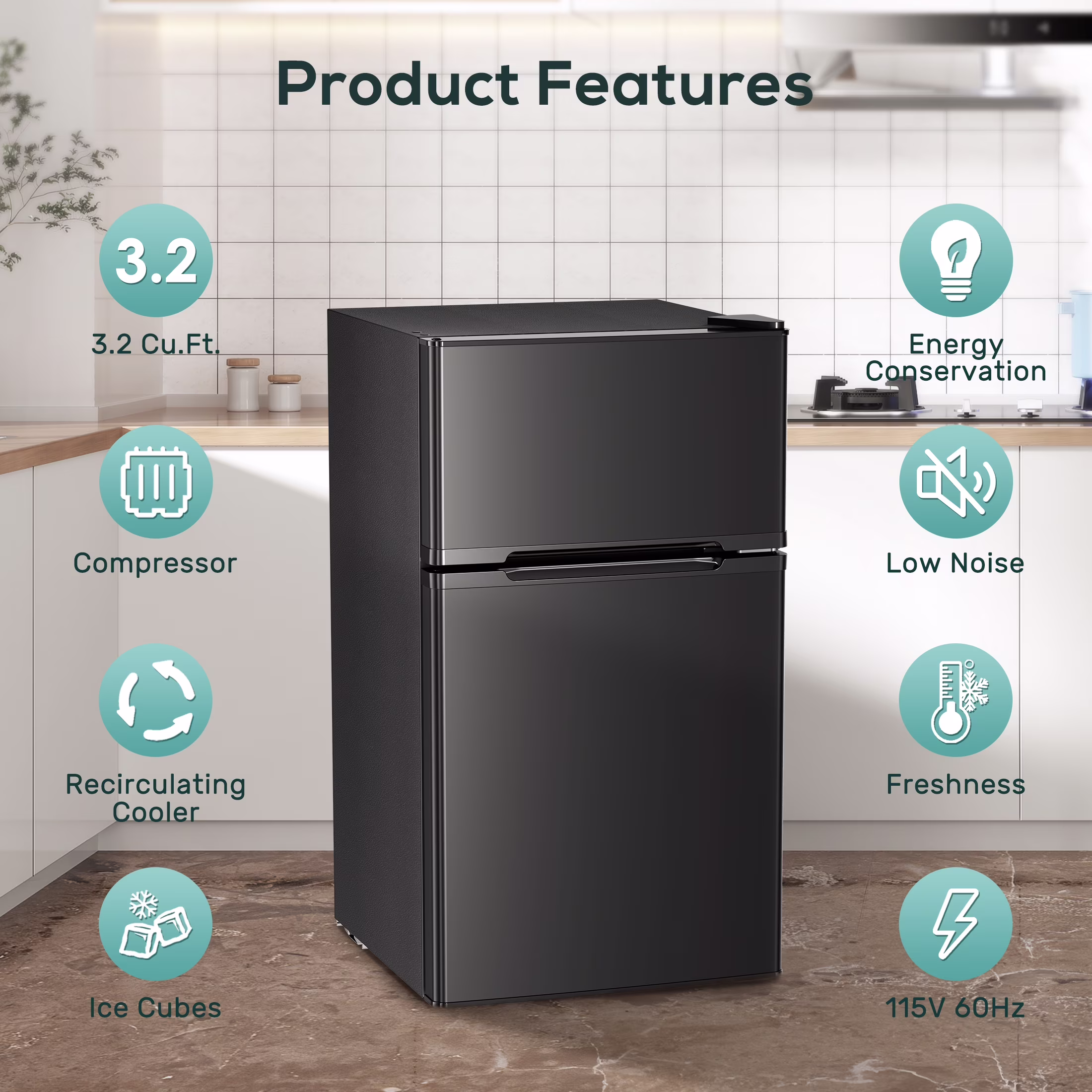 Auseo 3.1 Cu.Ft Double Door Mini Fridge with Freezer, Compact Retro Refrigerator for Dorm, Office, Bar, Bedroom, Black - Image 2