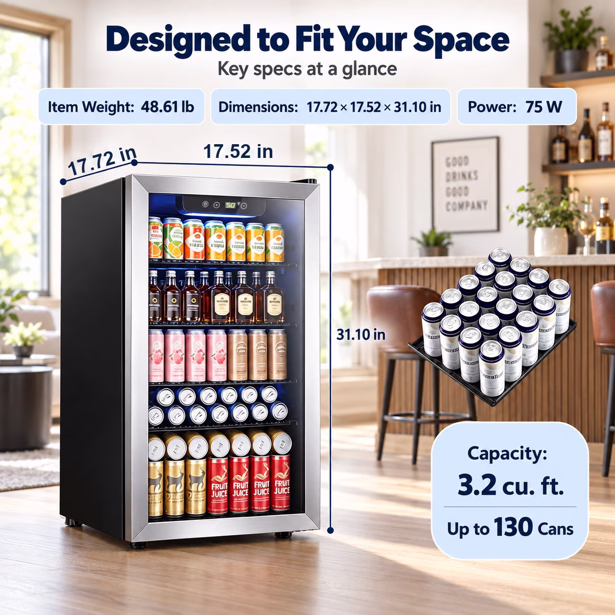 Auseo 3.2 Cu.ft Beverage Refrigerator, 120 Can Mini Fridge with Glass Door, Wine Cooler for Bar/Office/Home - Image 3