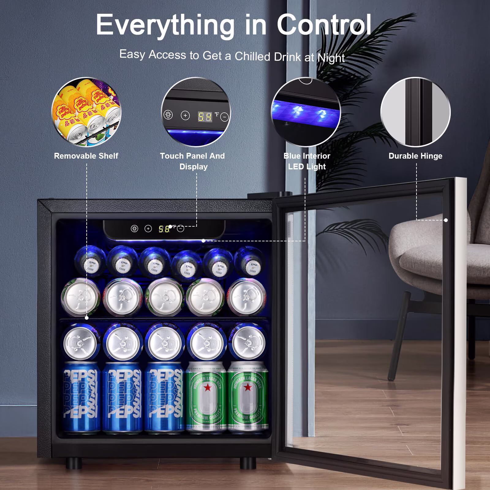 Auseo 55-Can Mini Beverage Refrigerator Cooler - 1.3 Cu.ft.Mini Fridge with Stainless Steel Glass Door, for Home/Office/Bar, Electronic Temperature Control - Image 4