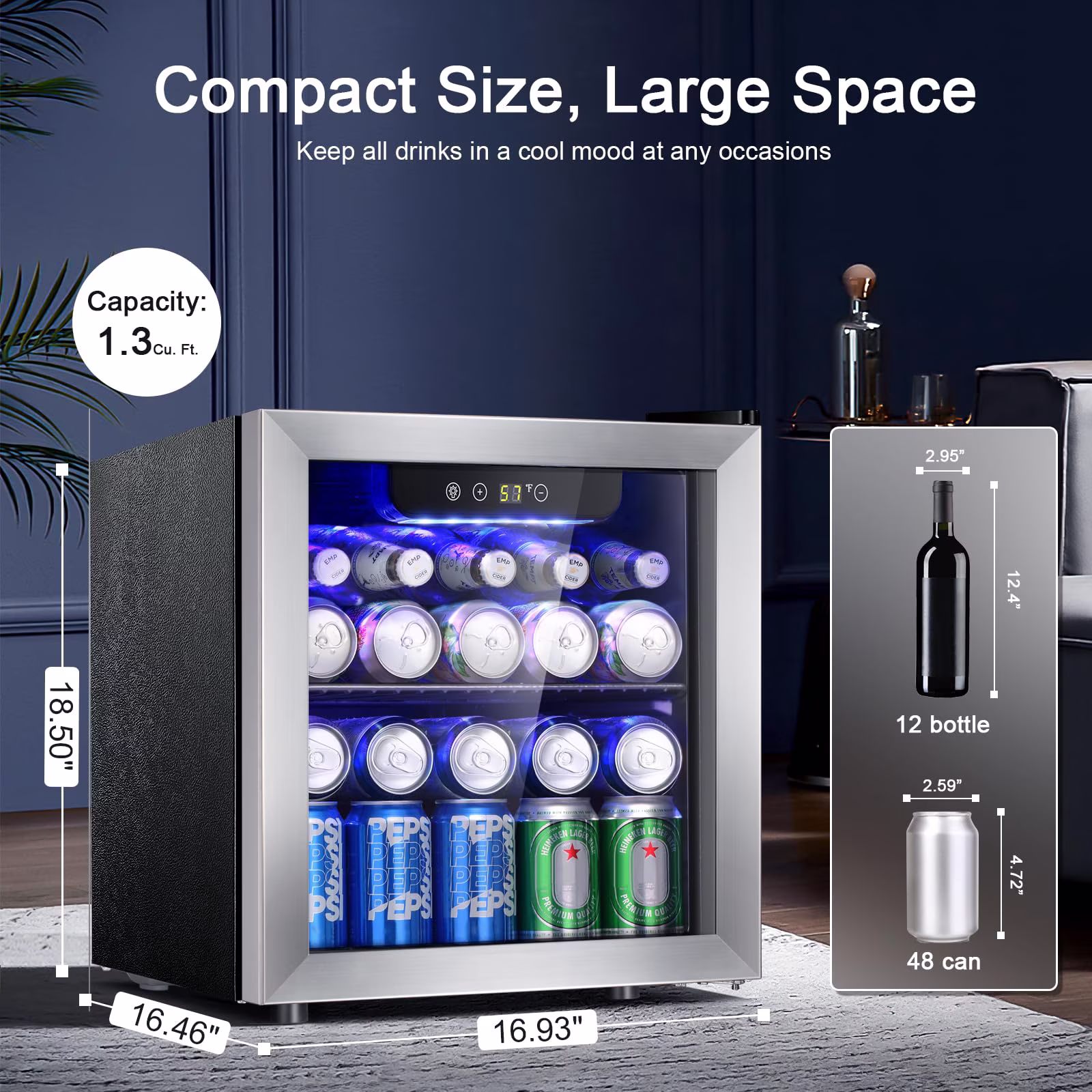 Auseo 55Cans Mini Fridge Cooler, Beverage Refrigerator Cooler with Stainless Steel Glass Door & Adjustable Leveling Legs, Home/Bar/Office - Image 2