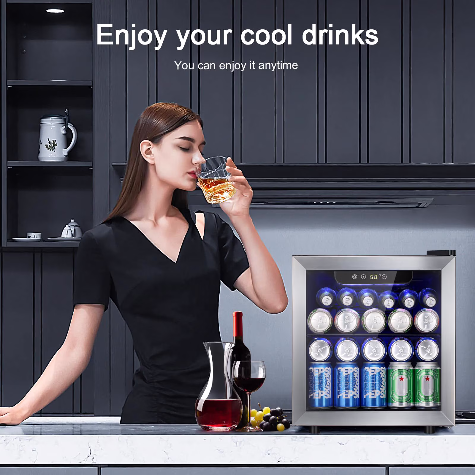Auseo 55Cans Mini Fridge Cooler, Beverage Refrigerator Cooler with Stainless Steel Glass Door & Adjustable Leveling Legs, Home/Bar/Office - Image 4