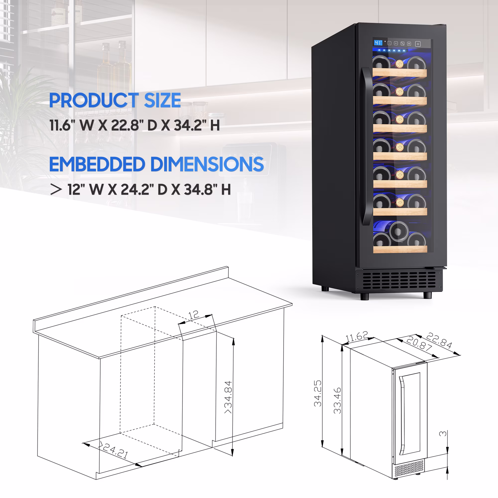AVAHUM 12 Inch 21-Bottle Under Counter Wine Refrigerator, Slim Built-In or Freestanding Wine Cooler, Curved Handle - Image 3
