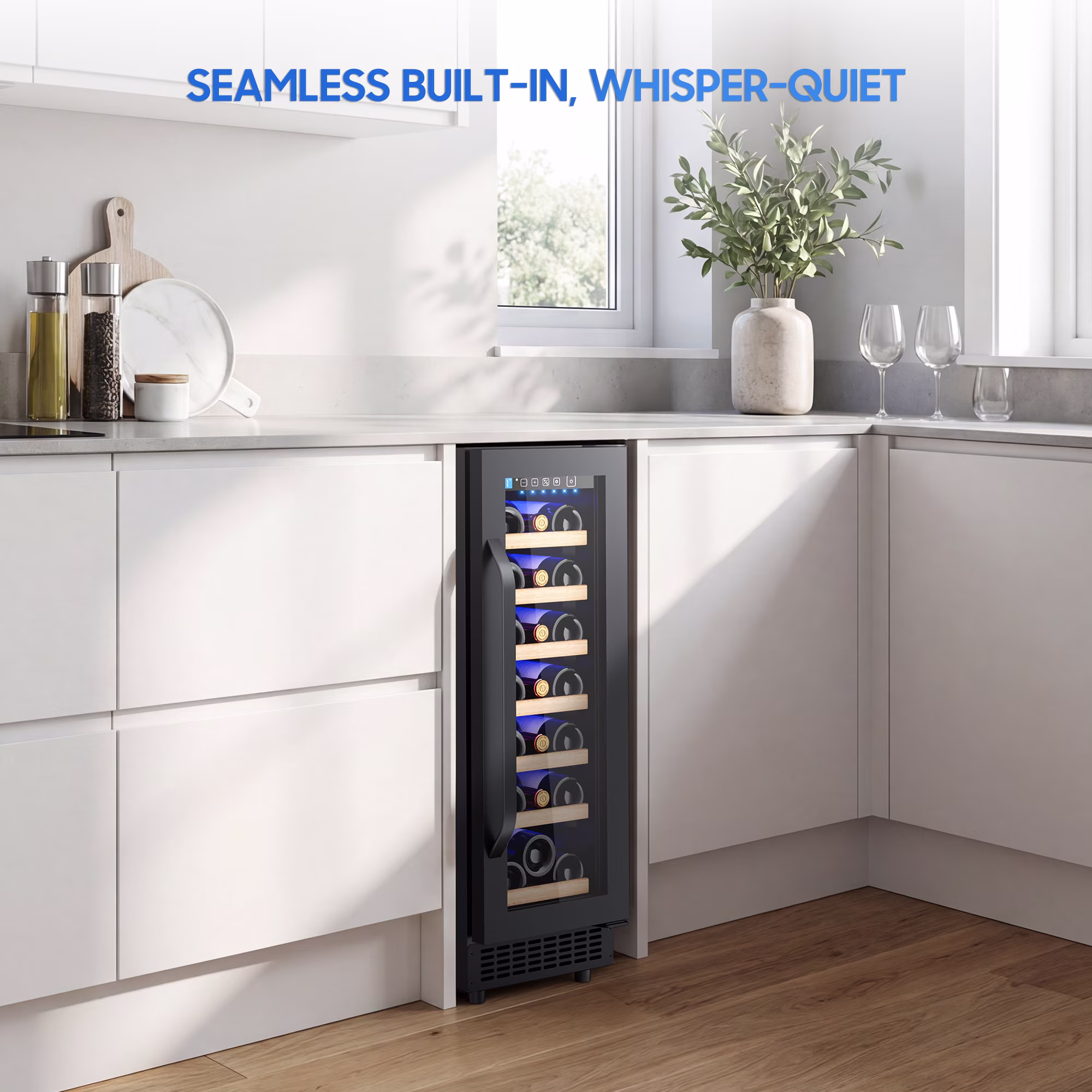AVAHUM 12 Inch 21-Bottle Under Counter Wine Refrigerator, Slim Built-In or Freestanding Wine Cooler, Curved Handle - Image 2