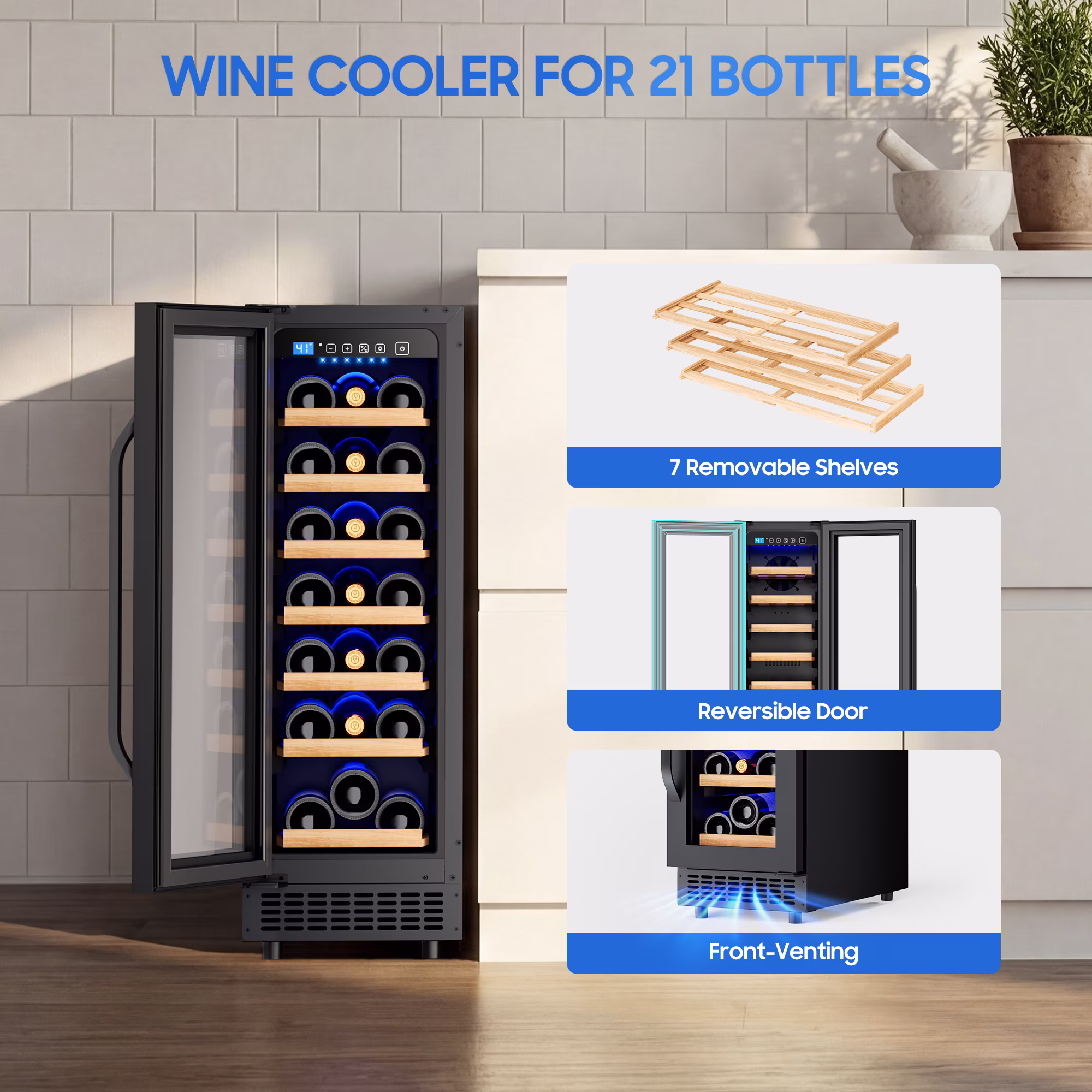 AVAHUM 12 Inch 21-Bottle Under Counter Wine Refrigerator, Slim Built-In or Freestanding Wine Cooler, Curved Handle - Image 5
