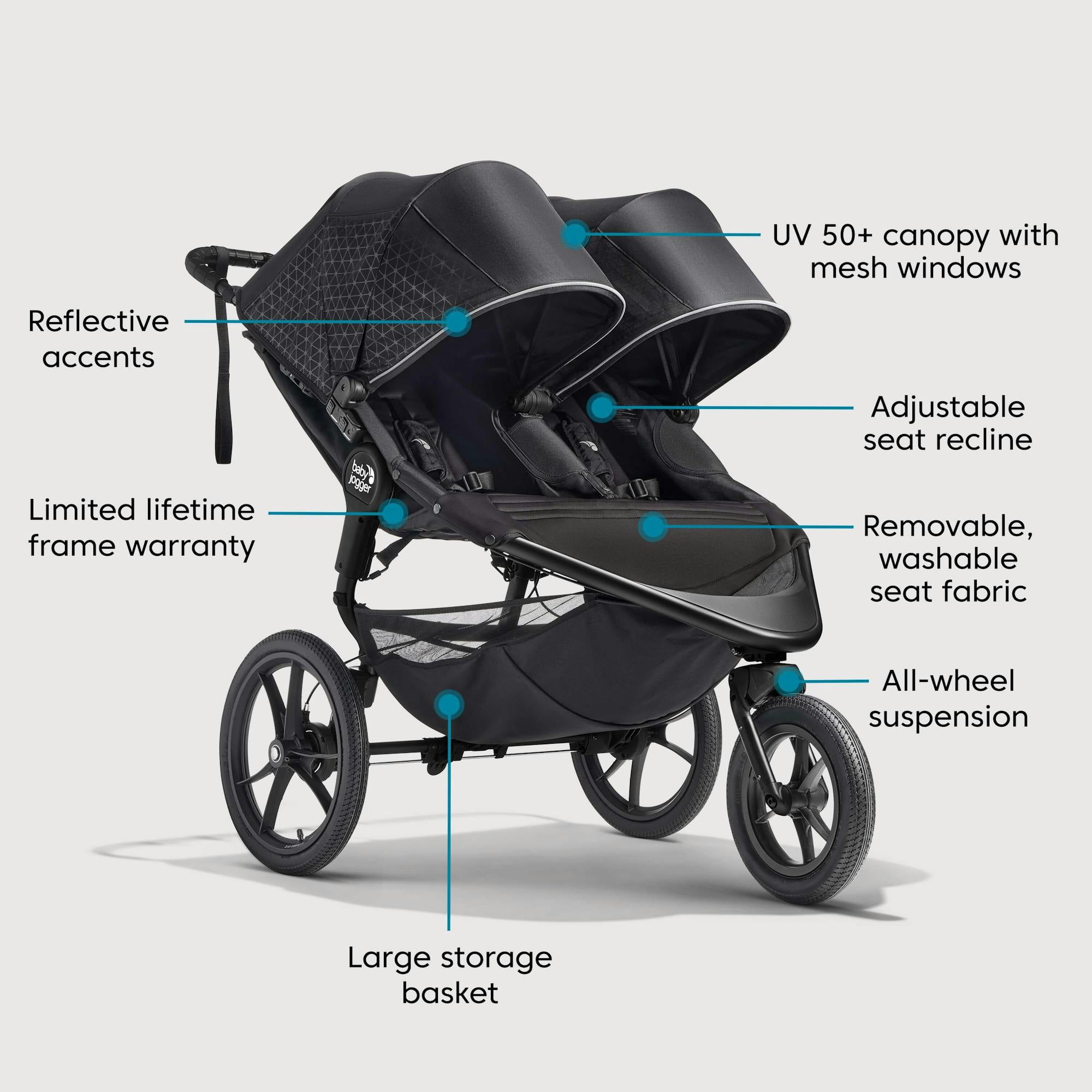 Baby Jogger Summit X3 Double Jogging Stroller, Midnight Black - Image 3
