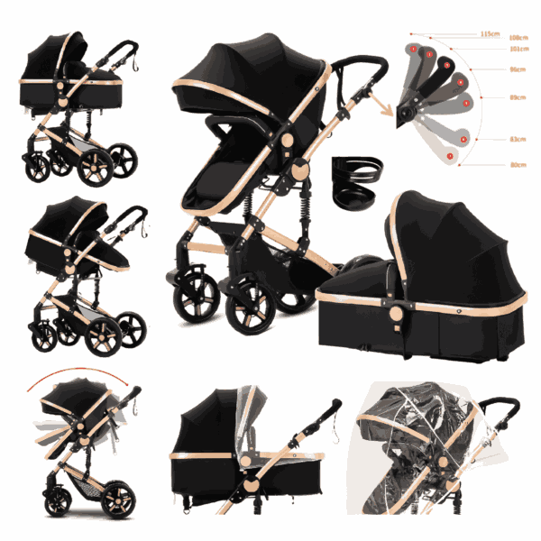 Baby Stroller High Landscape Pram & Lightweight Pushchair with Reversible Bassinet for Newborns and Toddlers,Unisex(Black Gold)