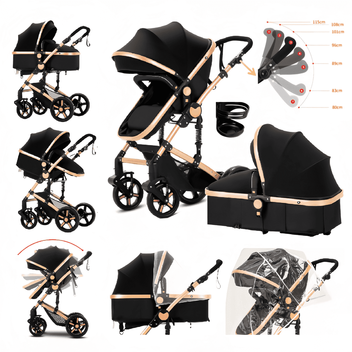 Baby Stroller High Landscape Pram & Lightweight Pushchair with Reversible Bassinet for Newborns and Toddlers,Unisex(Black Gold)