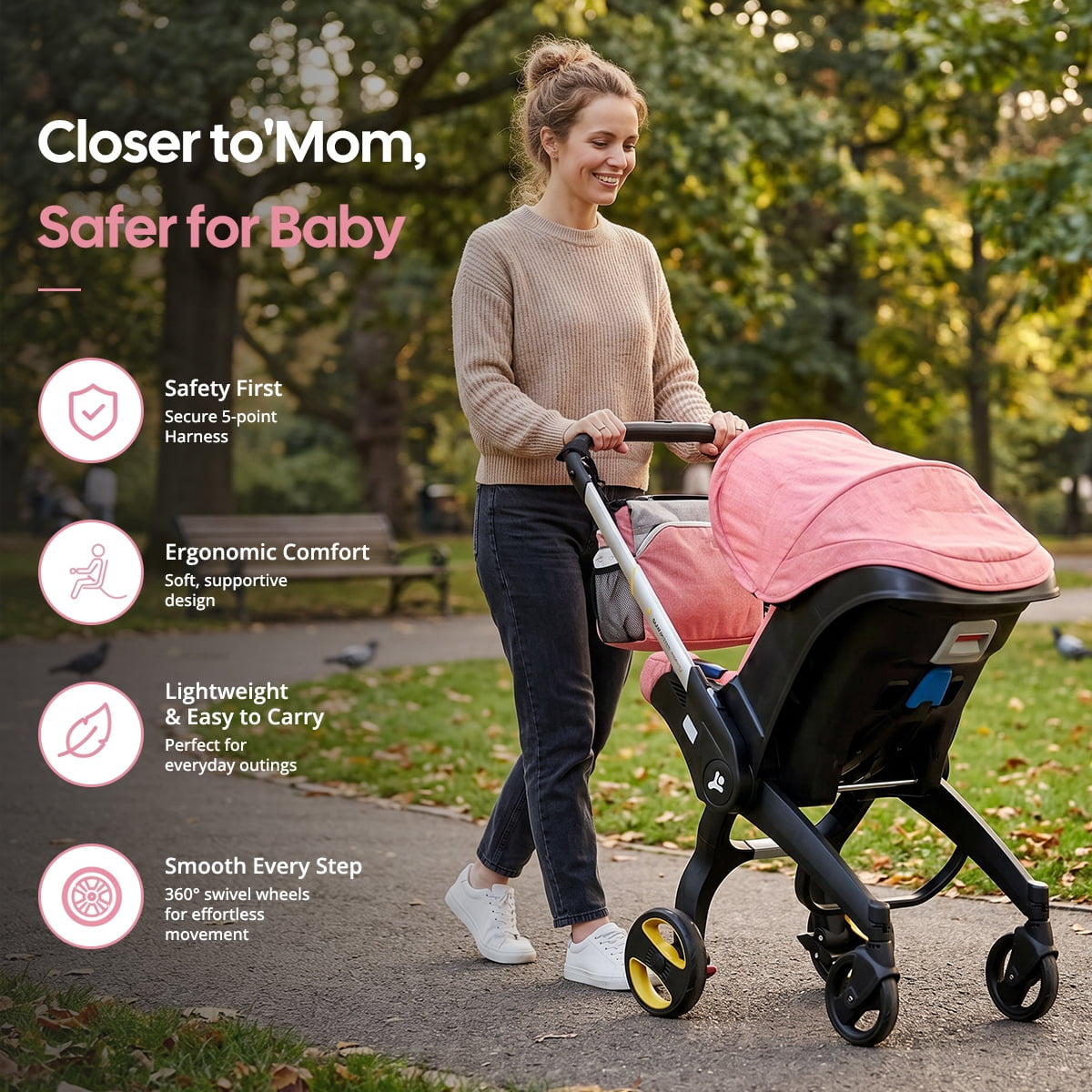 Baby Stroller, Lightweight Foldable Newborn Travel Carrier Stroller, with 3 Modes, Adjustable Handle, 5-Point Safety Harness, Pink - Image 3