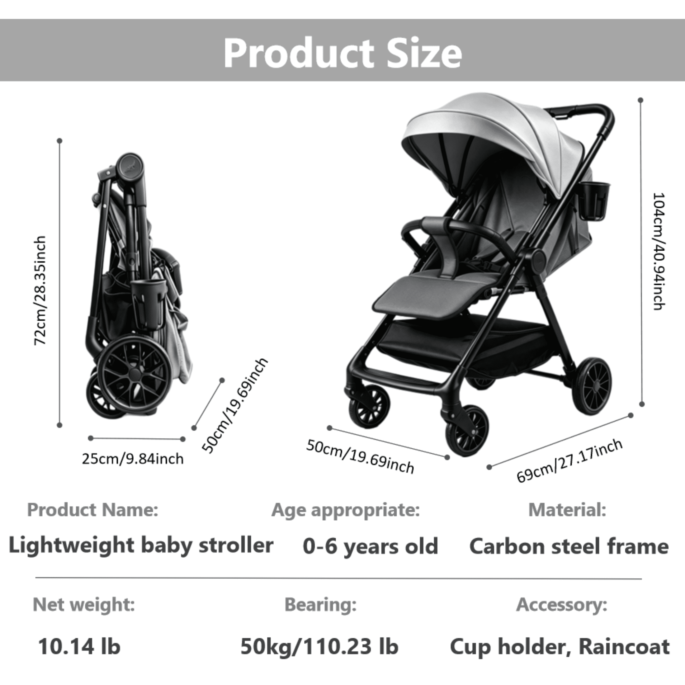 Baby Stroller Lightweight Travel Baby Pram with Cup Holder and Mosquito Net 0-36 Months,Support One-Touch Folding,Unisex,Gray - Image 3