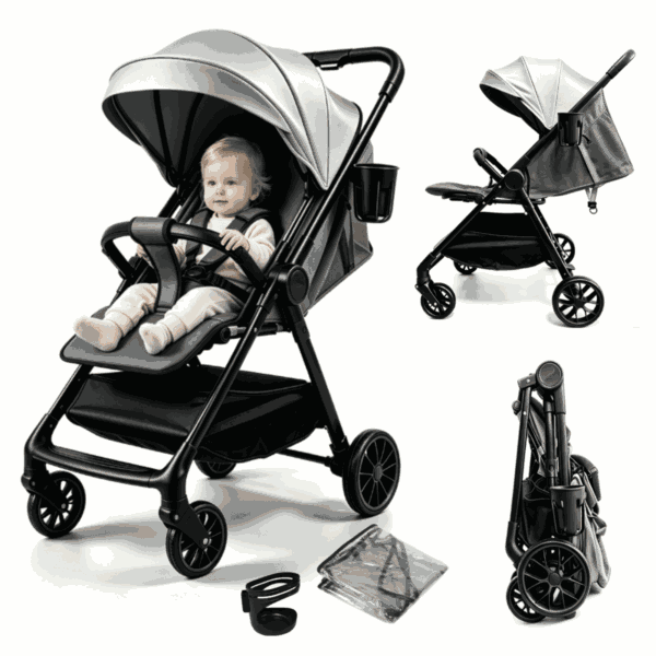 Baby Stroller Lightweight Travel Baby Pram with Cup Holder and Mosquito Net 0-36 Months,Support One-Touch Folding,Unisex,Gray