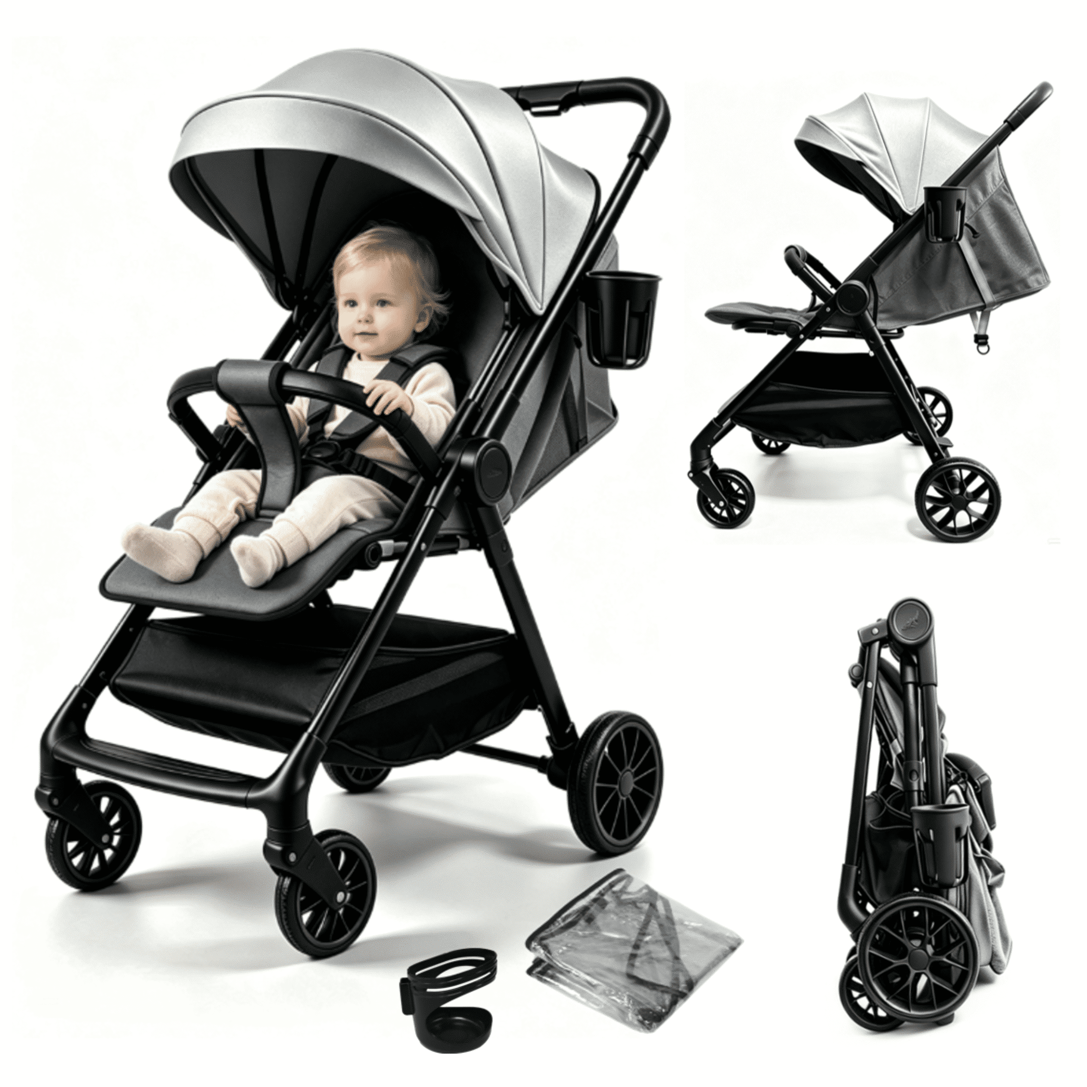 Baby Stroller Lightweight Travel Baby Pram with Cup Holder and Mosquito Net 0-36 Months,Support One-Touch Folding,Unisex,Gray