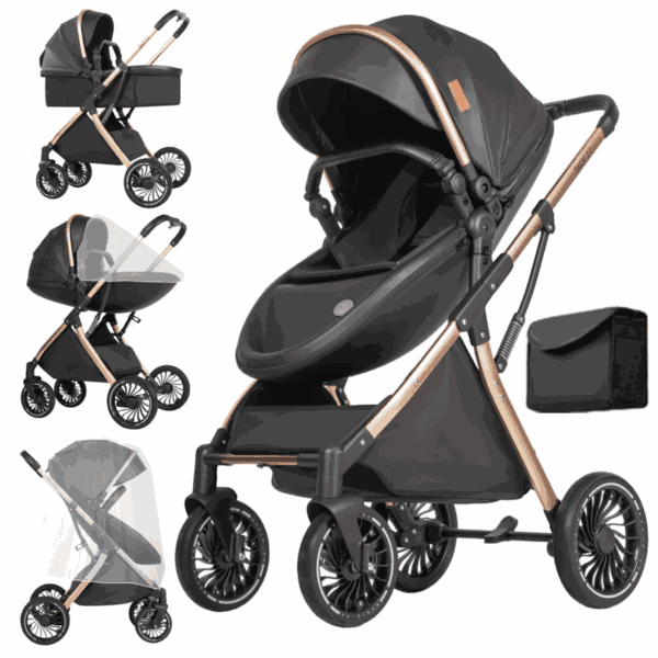 Baby Stroller,Compact Toddler Carriage with Reversible Handle,Diaper Bag,Rain Cover,0-36 Months,Unisex,Black