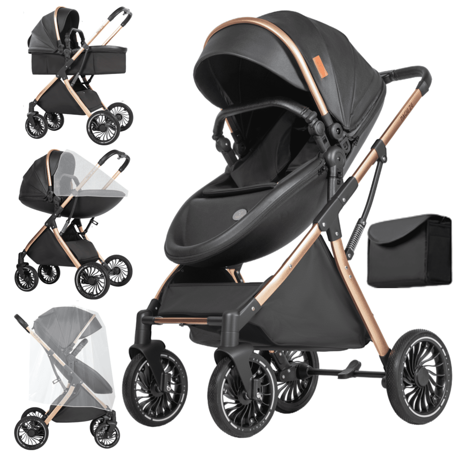 Baby Stroller,Compact Toddler Carriage with Reversible Handle,Diaper Bag,Rain Cover,0-36 Months,Unisex,Black