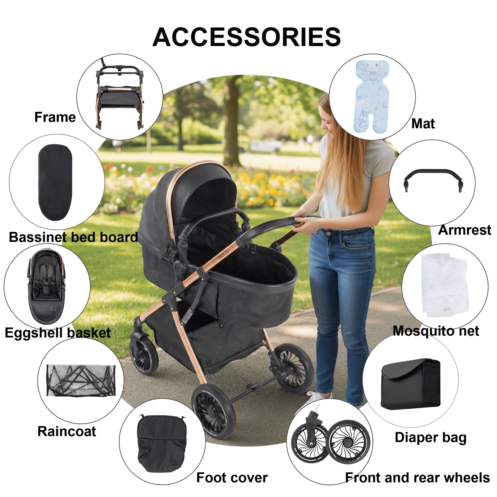 Baby Stroller,Compact Toddler Carriage with Reversible Handle,Diaper Bag,Rain Cover,0-36 Months,Unisex,Black - Image 4