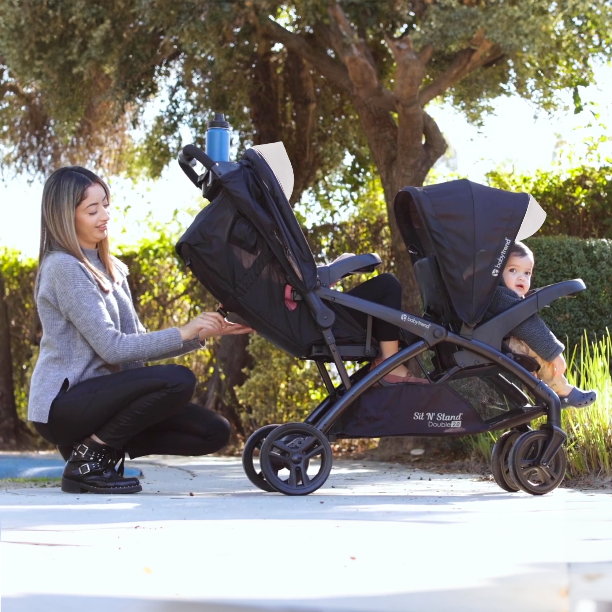 Baby Trend Sit N' Stand Double Stroller 2.0 DLX w/5 Point Harness, Modern Khaki - Image 2