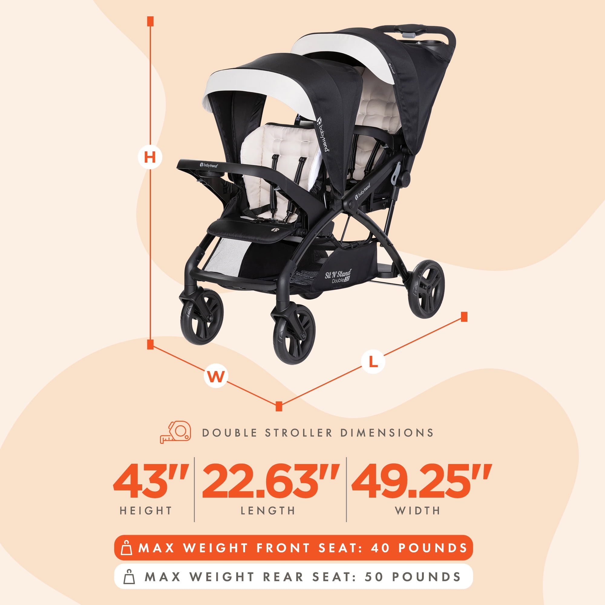 Baby Trend Sit N' Stand Double Stroller 2.0 DLX w/5 Point Harness, Modern Khaki - Image 5