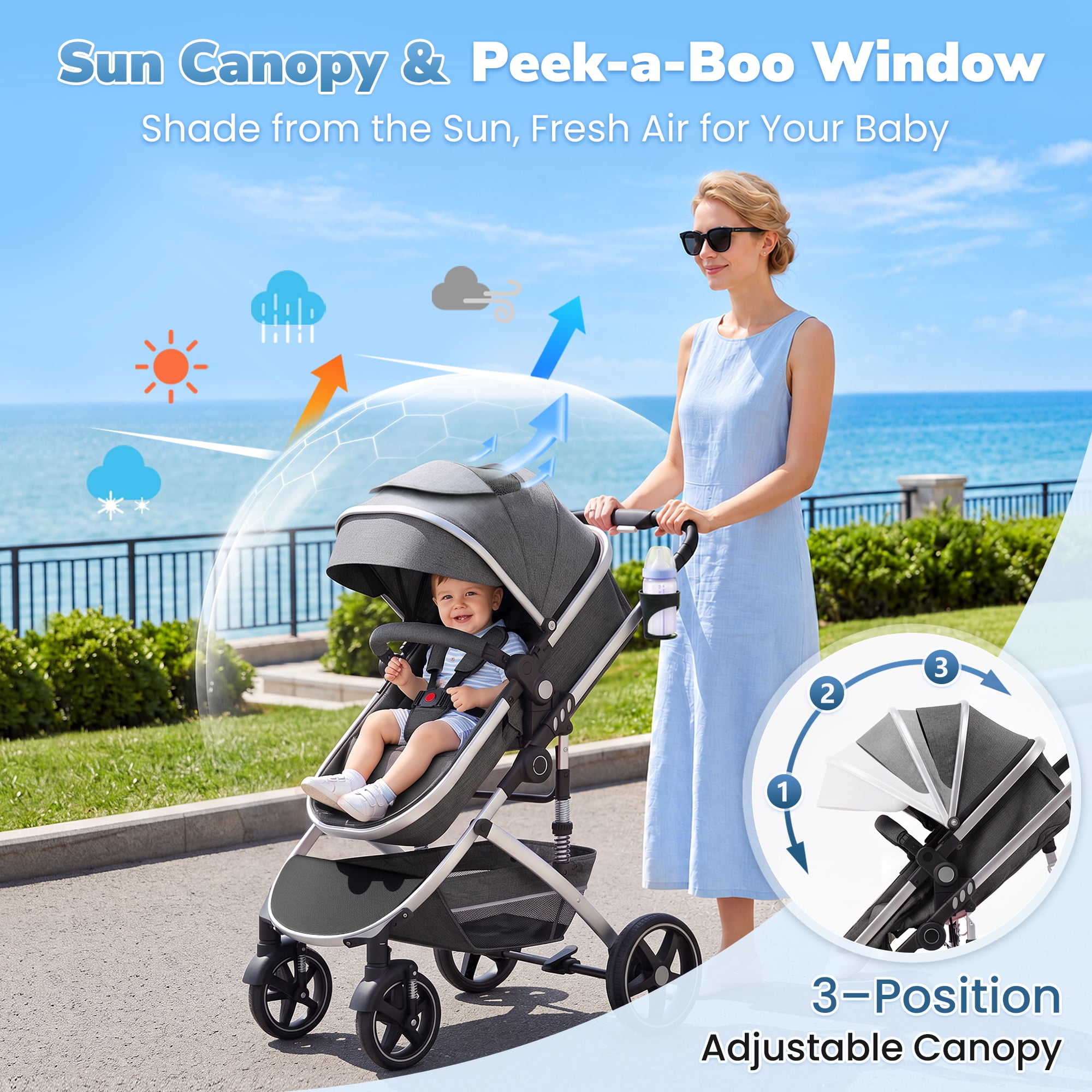 babyeap 2 in 1 Baby Stroller,Foldable Lightweight Carriage Reversible Bassinet Pram for Toddler,Travel Stroller with with Cup Holder,Gray - Image 4